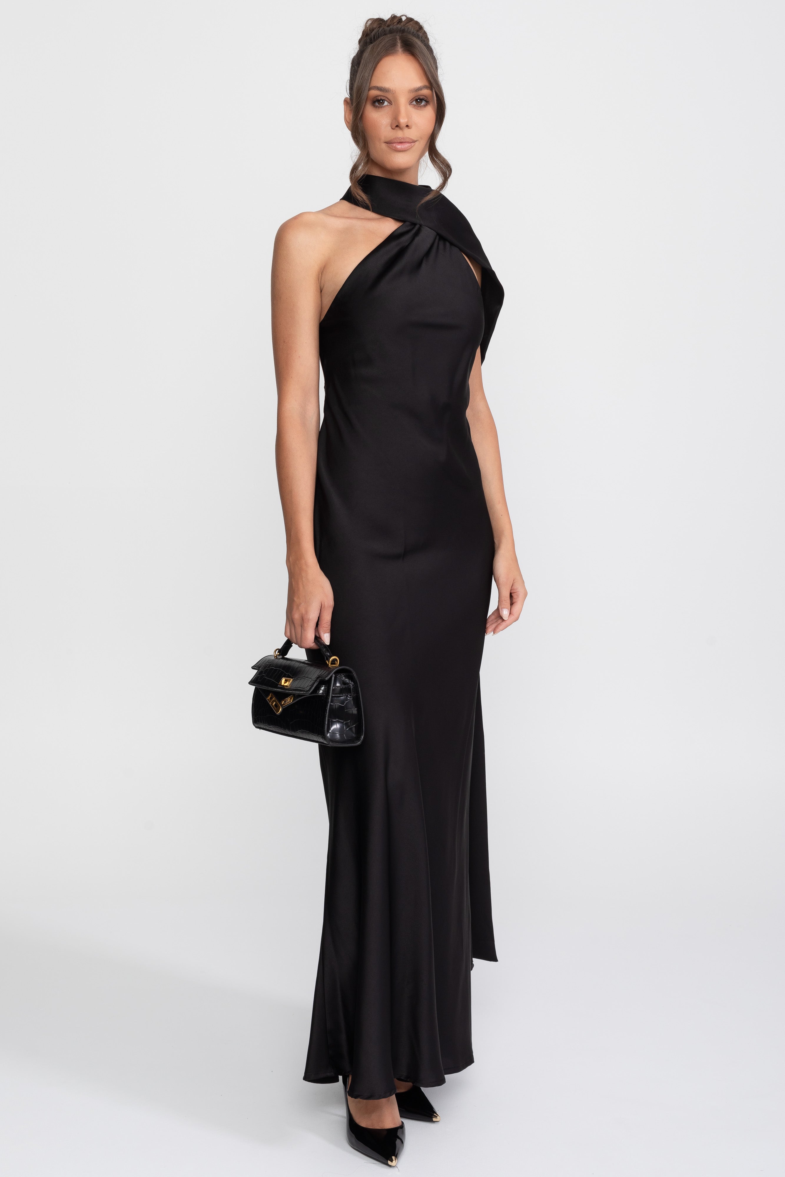 Twist Halter Satin Slip Dress With Asymmetric Neckline - Black