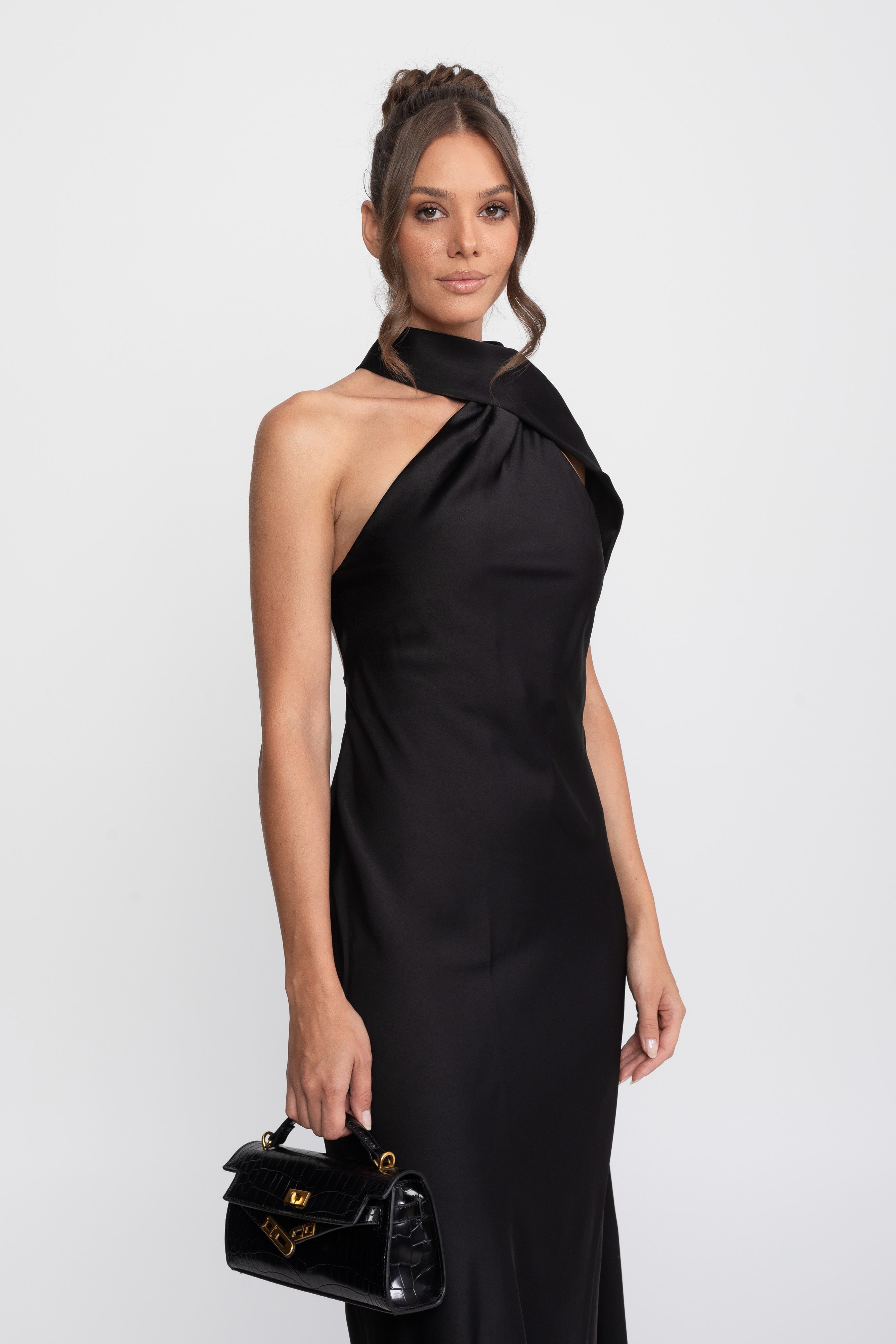 Twist Halter Satin Slip Dress With Asymmetric Neckline - Black