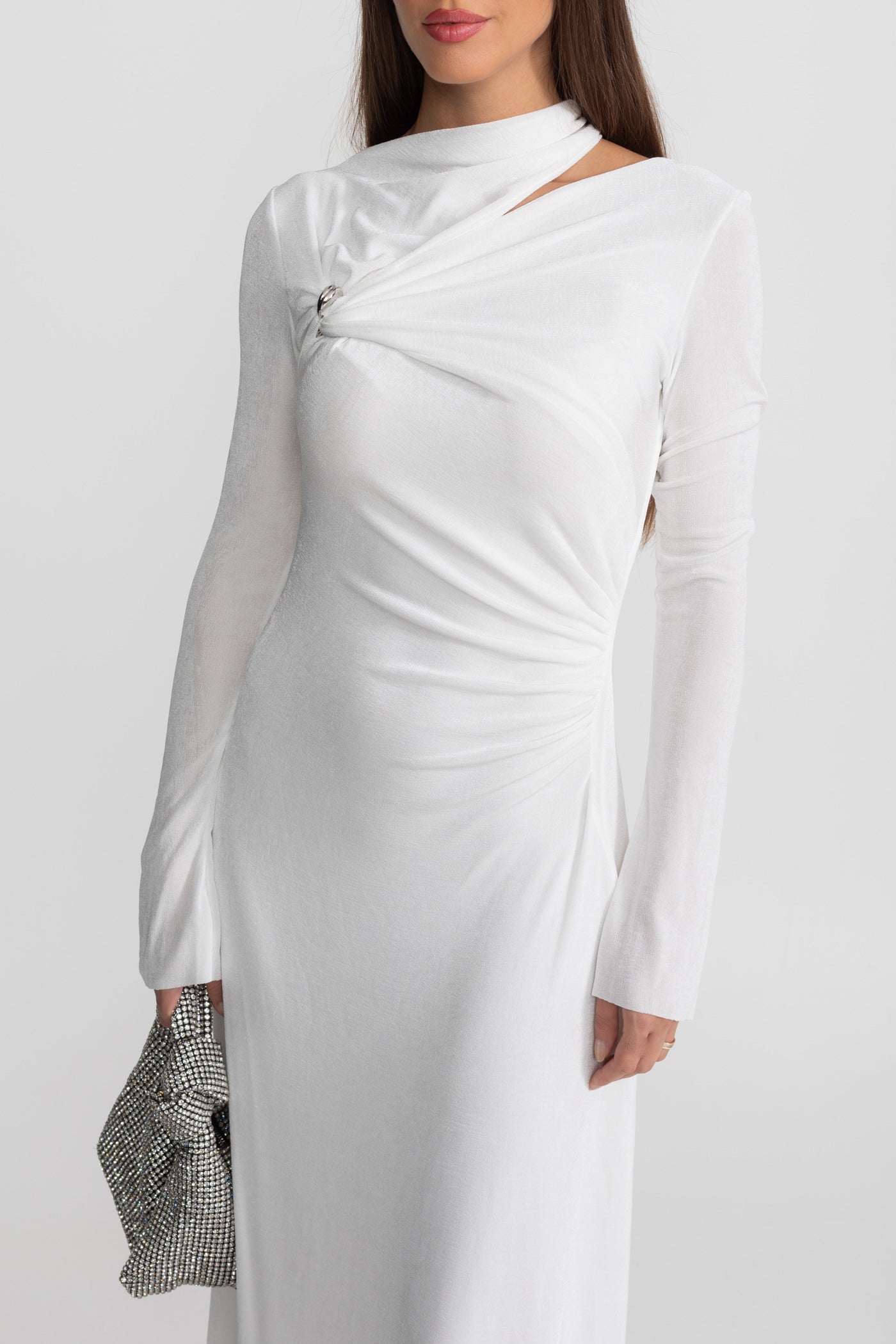 Velvet Maxi Dress with Cut-Out and Draped Detail - White