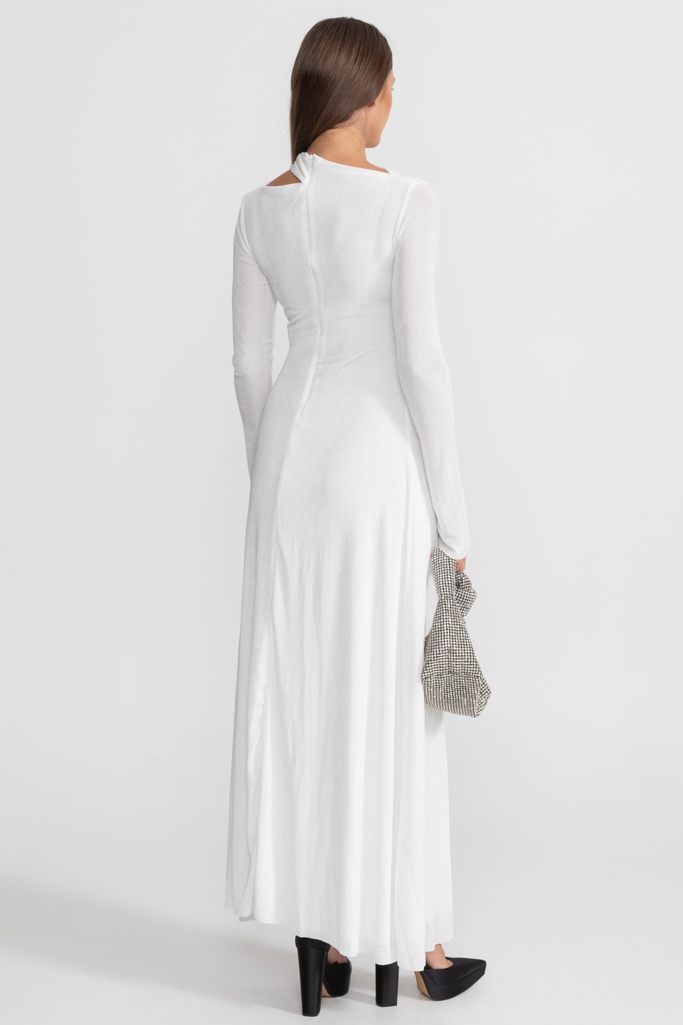 Velvet Maxi Dress with Cut-Out and Draped Detail - White