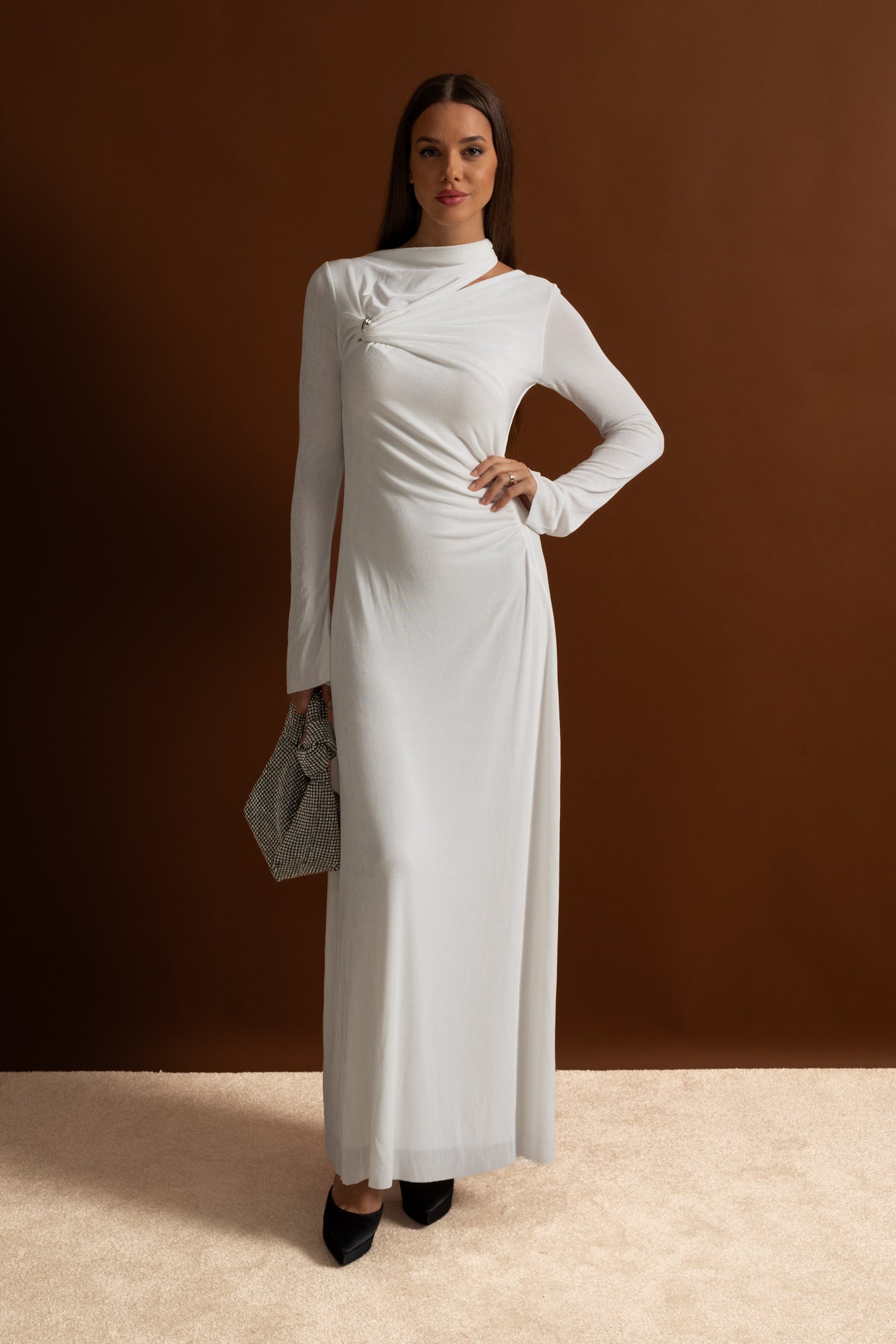Velvet Maxi Dress with Cut-Out and Draped Detail - White