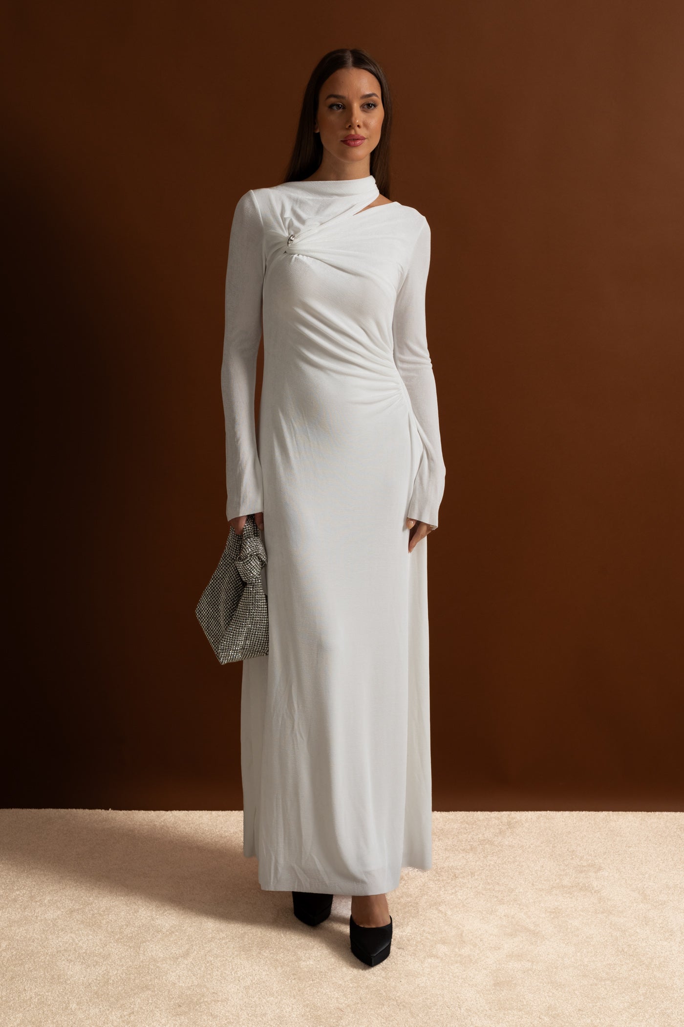 Velvet Maxi Dress with Cut-Out and Draped Detail - White