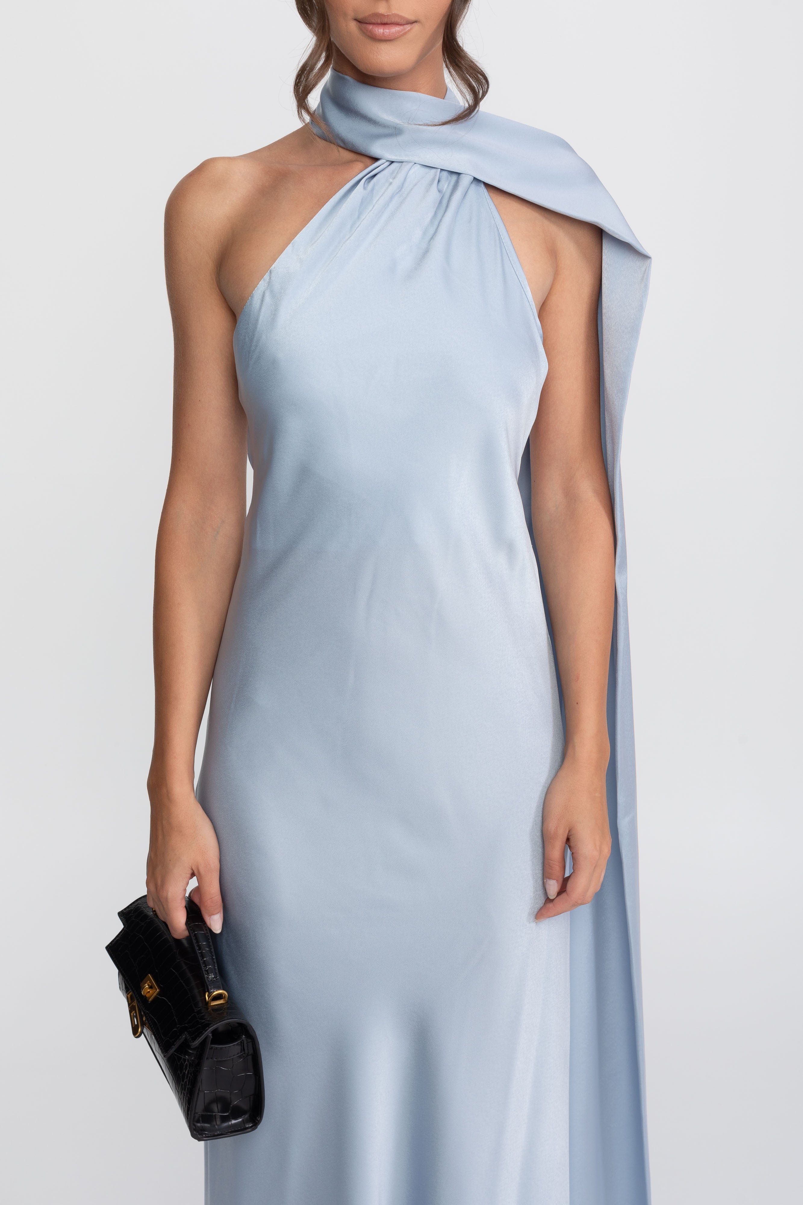 Twist Halter Satin Slip Dress With Asymmetric Neckline - Blue