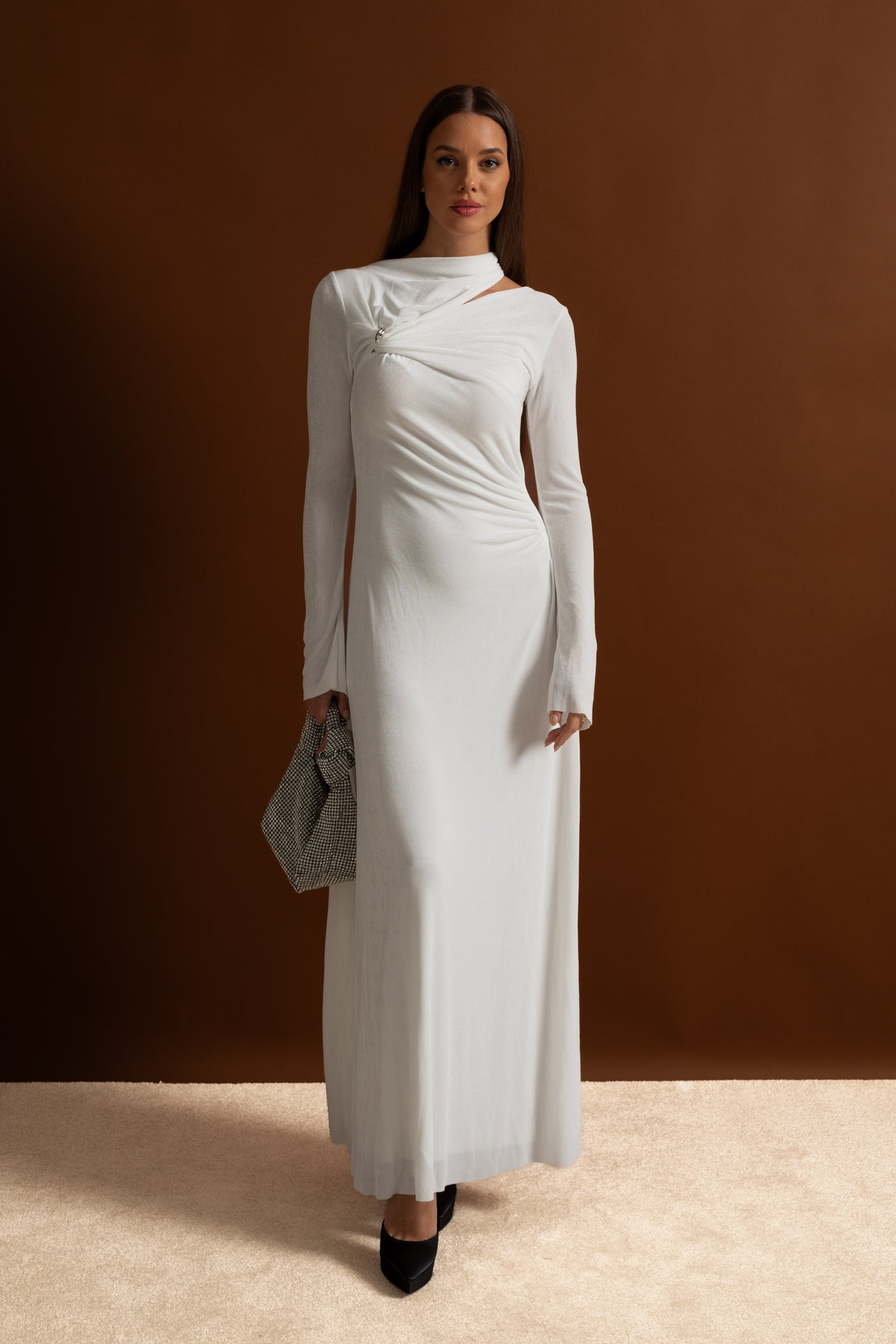 Velvet Maxi Dress with Cut-Out and Draped Detail - White