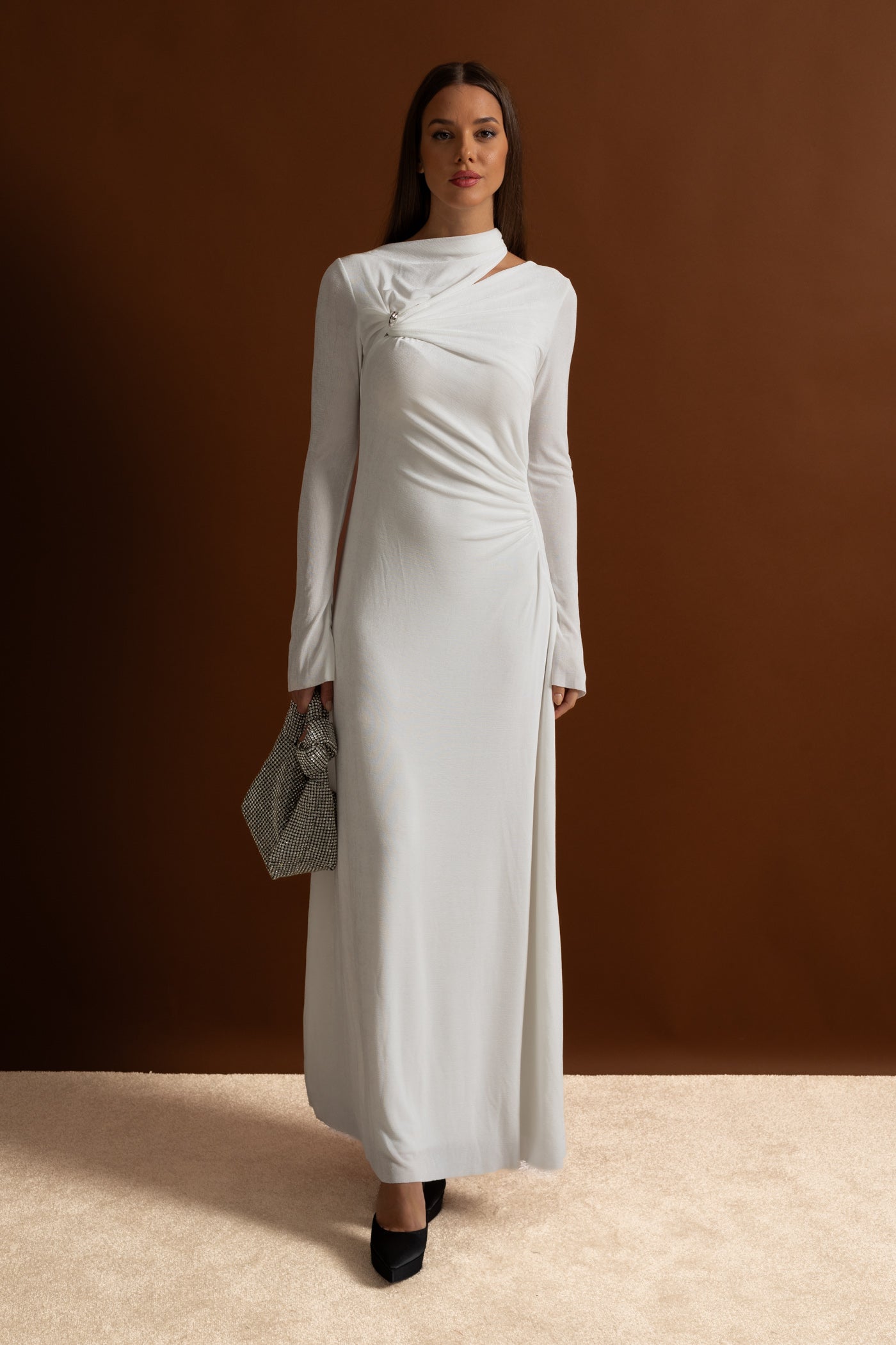 Velvet Maxi Dress with Cut-Out and Draped Detail - White