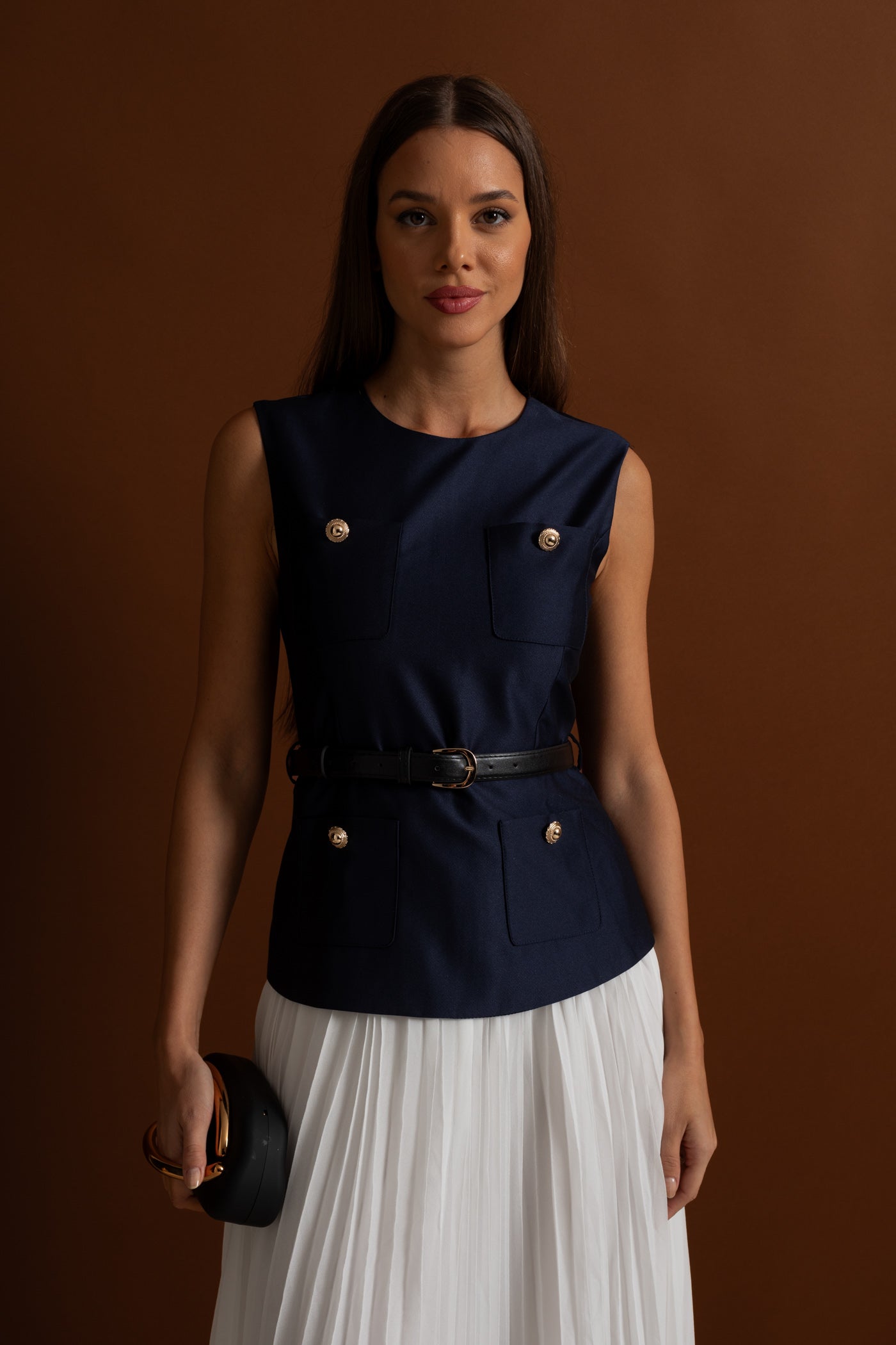 Sleeveless Midi Dress with Belted Waist and Contrast Skirt - Navy