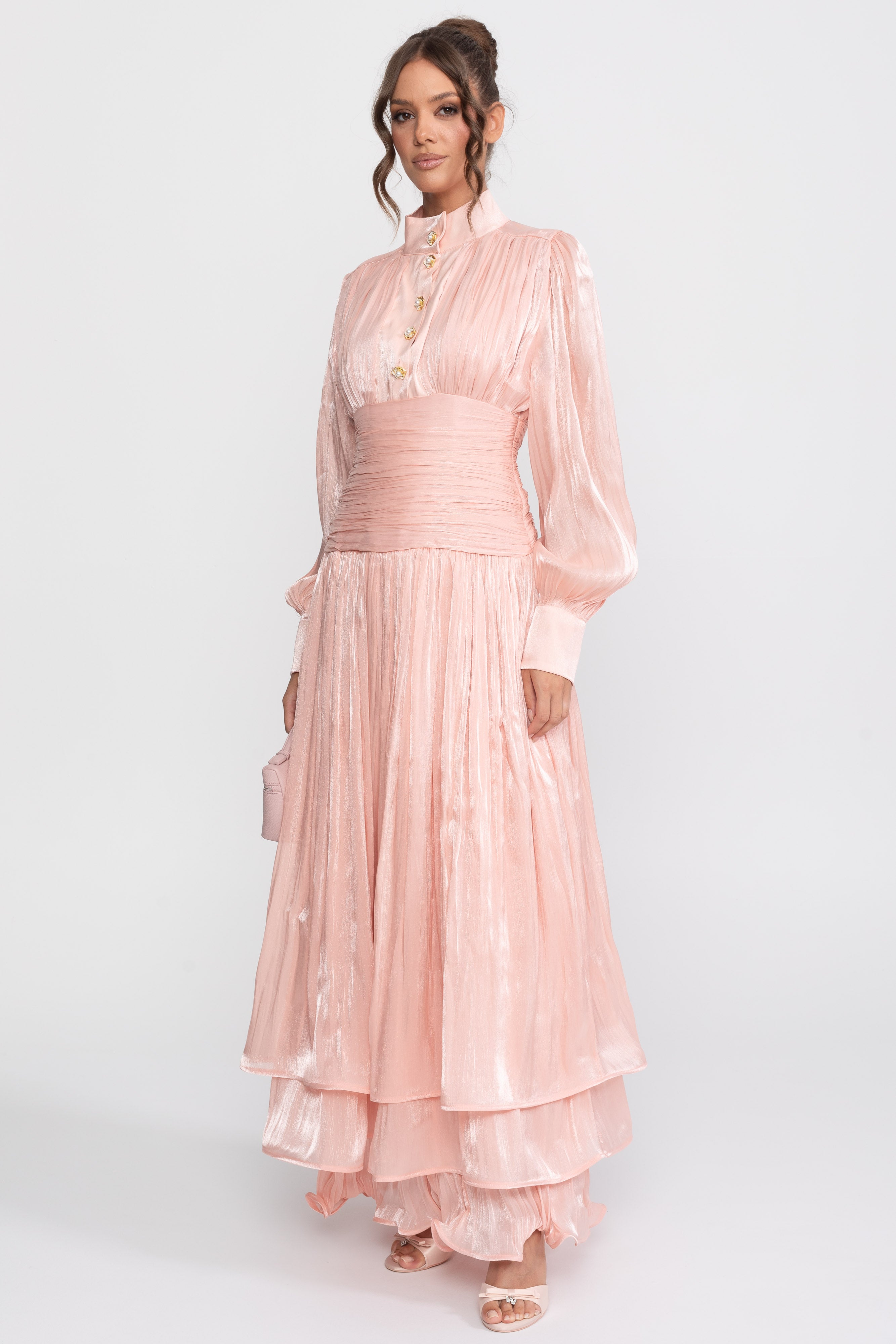 Balloon-Sleeve Tiered Maxi Dress With Jeweled Rose Buttons - Peach