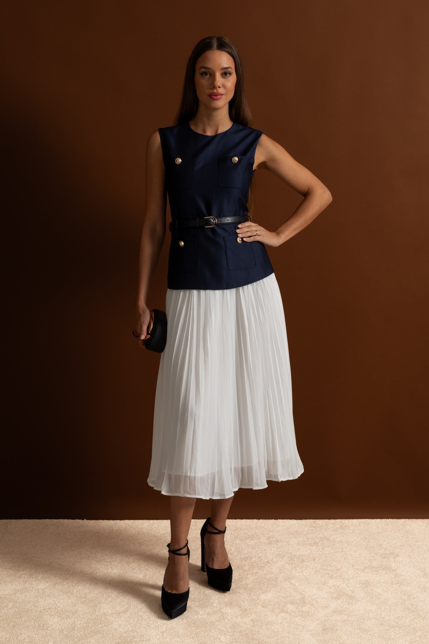 Sleeveless Midi Dress with Belted Waist and Contrast Skirt - Navy