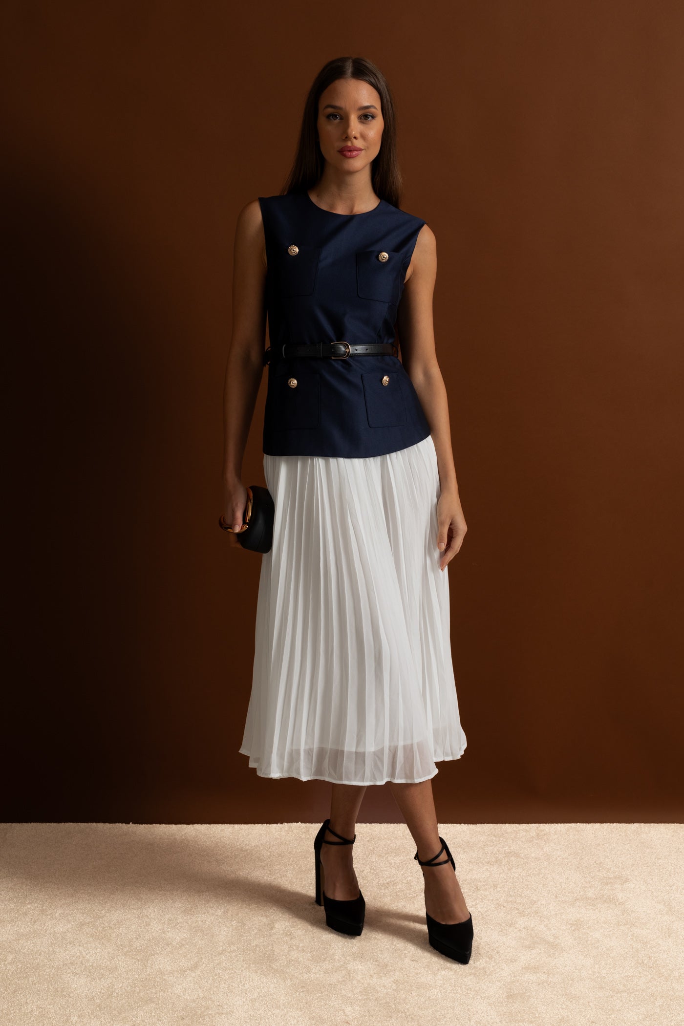 Sleeveless Midi Dress with Belted Waist and Contrast Skirt - Navy