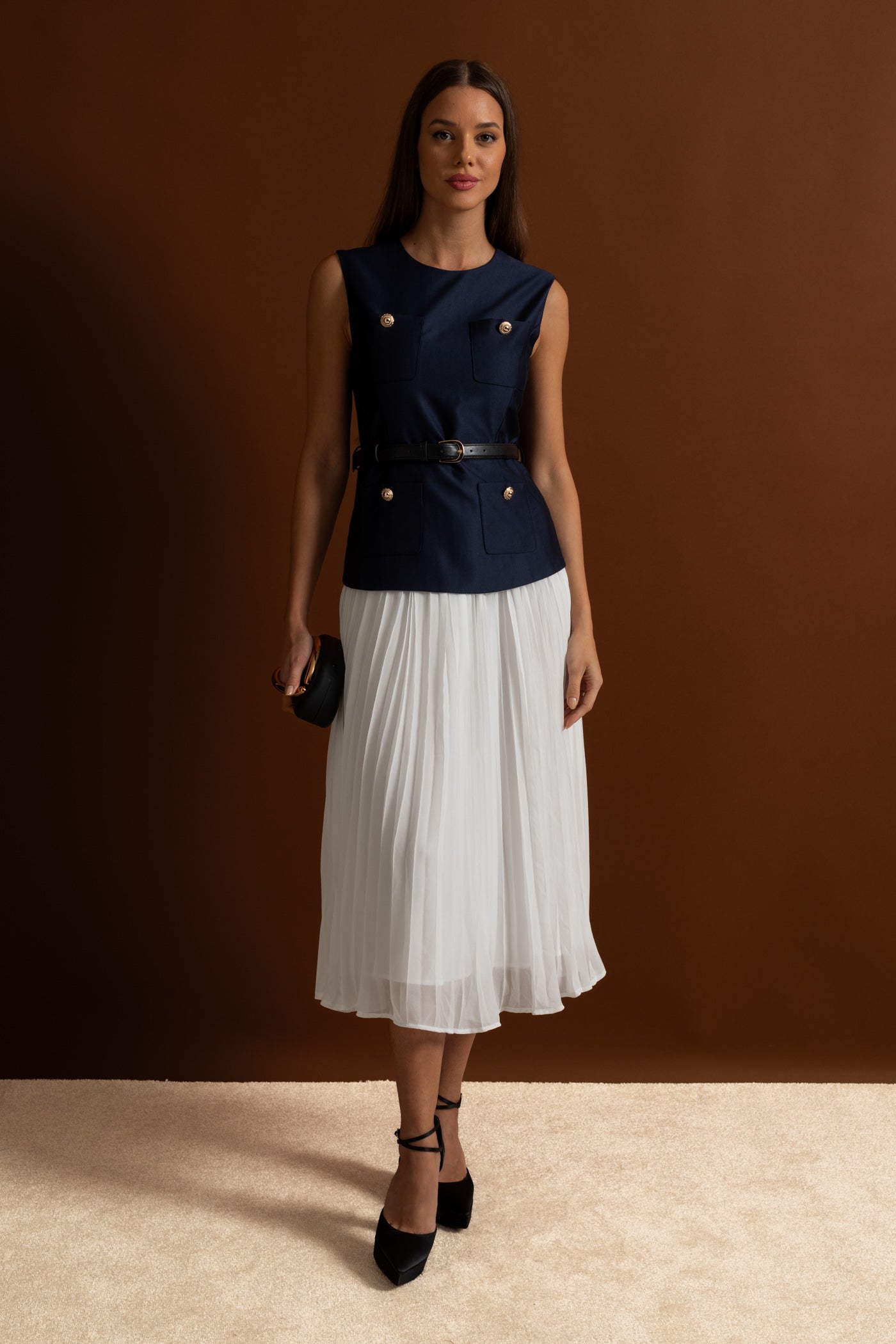 Sleeveless Midi Dress with Belted Waist and Contrast Skirt - Navy