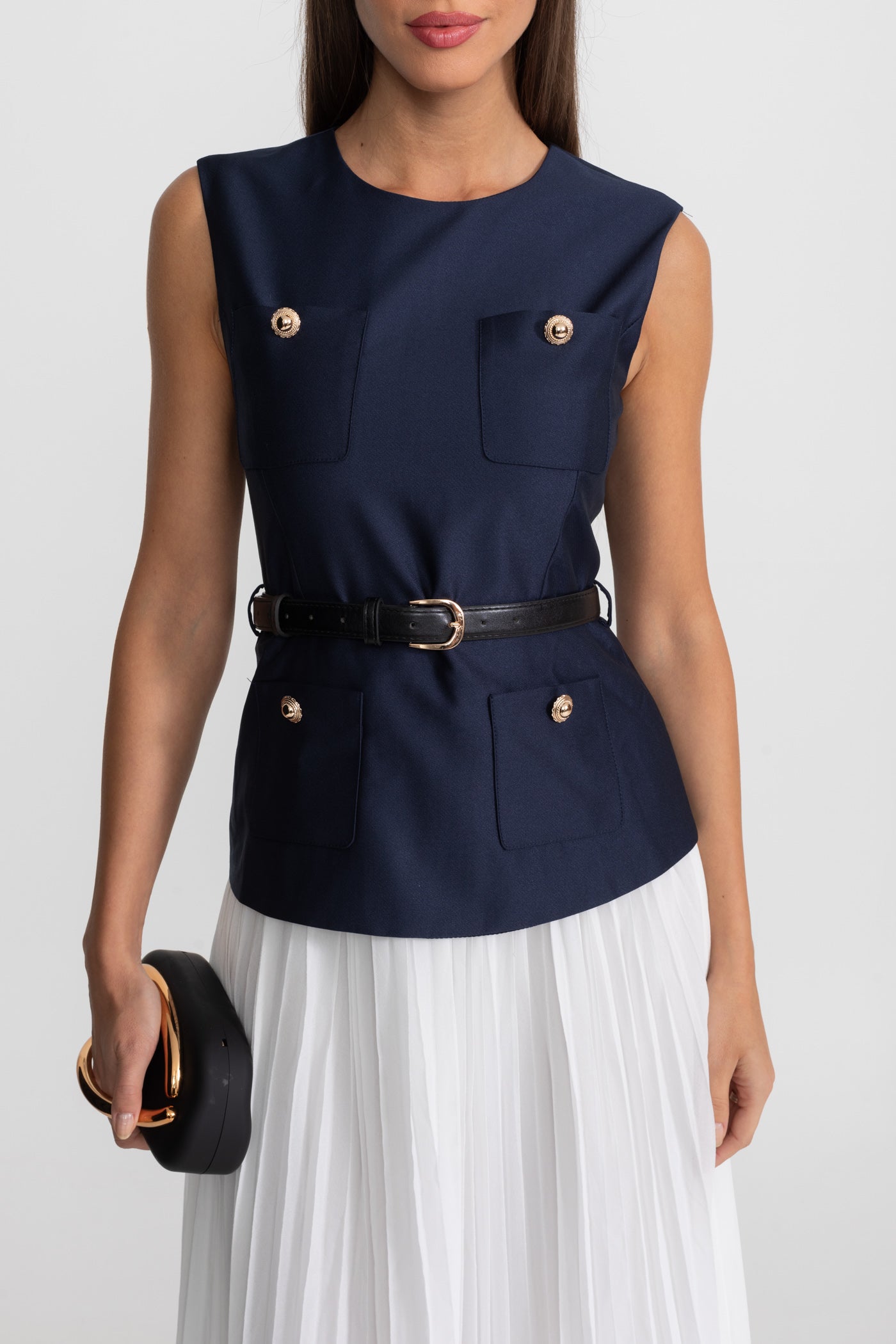 Sleeveless Midi Dress with Belted Waist and Contrast Skirt - Navy