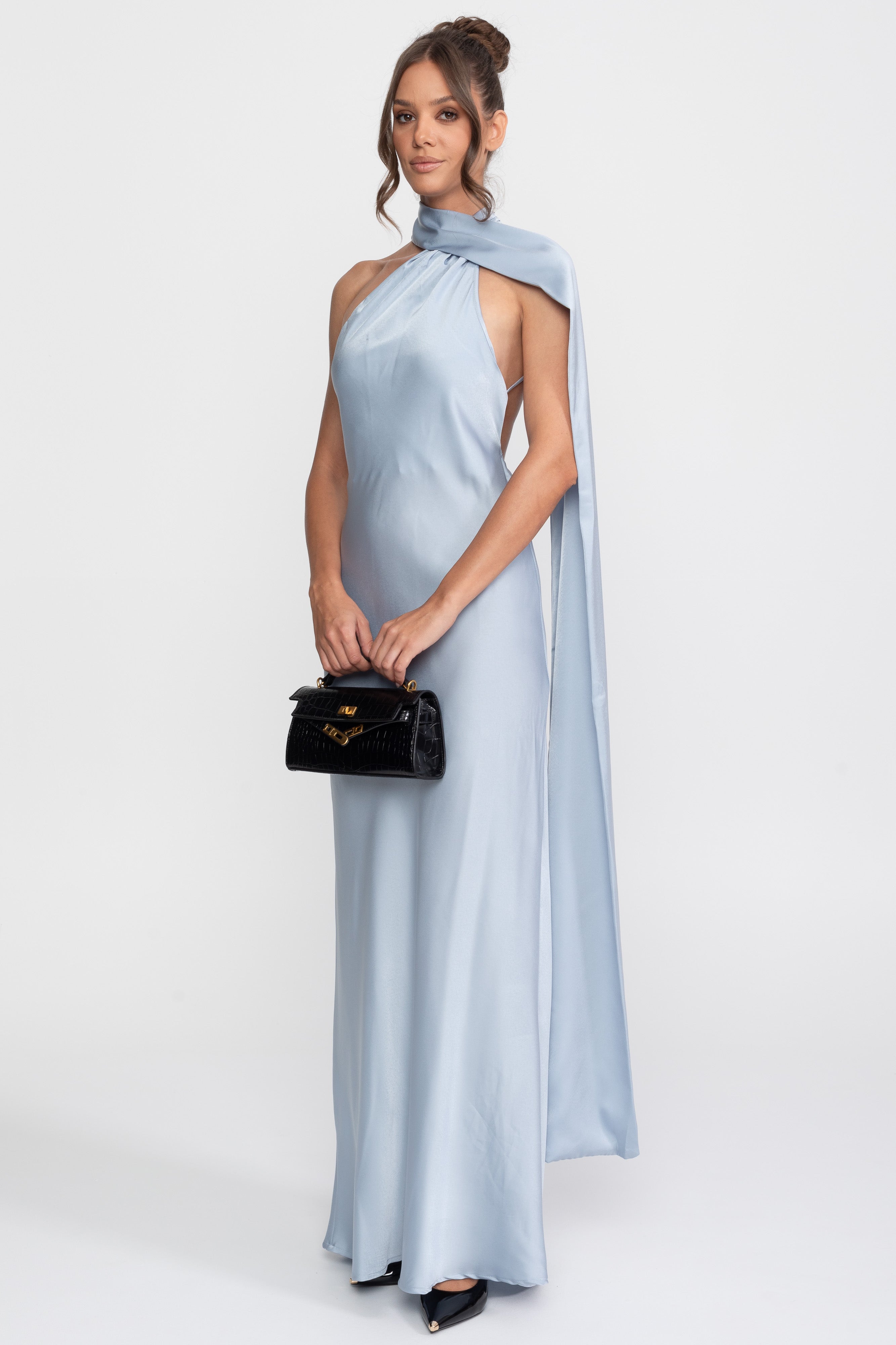 Twist Halter Satin Slip Dress With Asymmetric Neckline - Blue