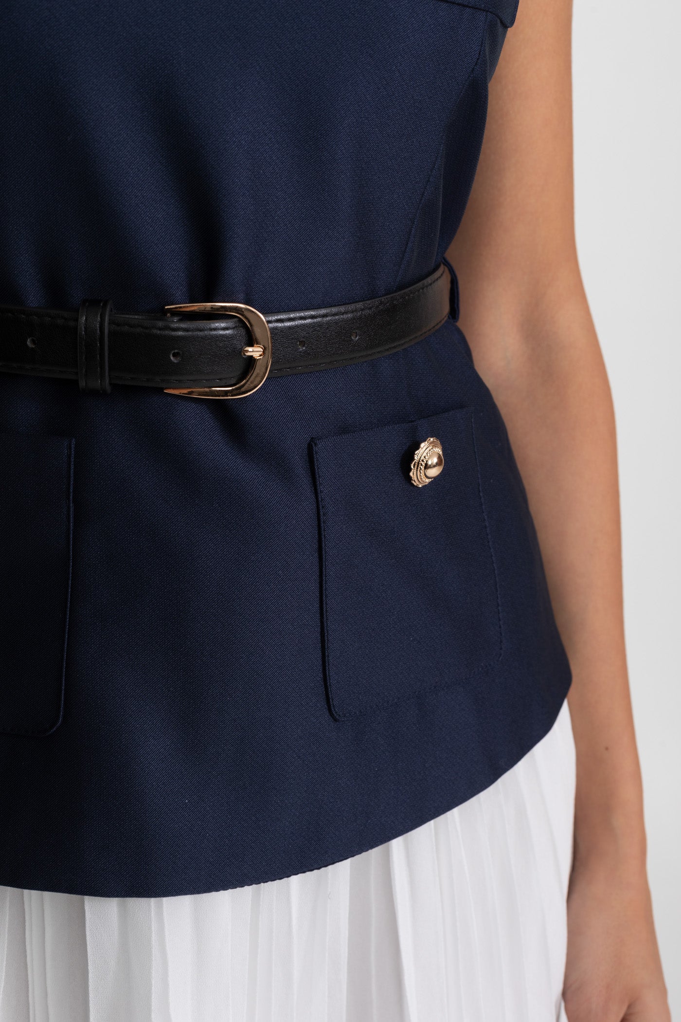 Sleeveless Midi Dress with Belted Waist and Contrast Skirt - Navy