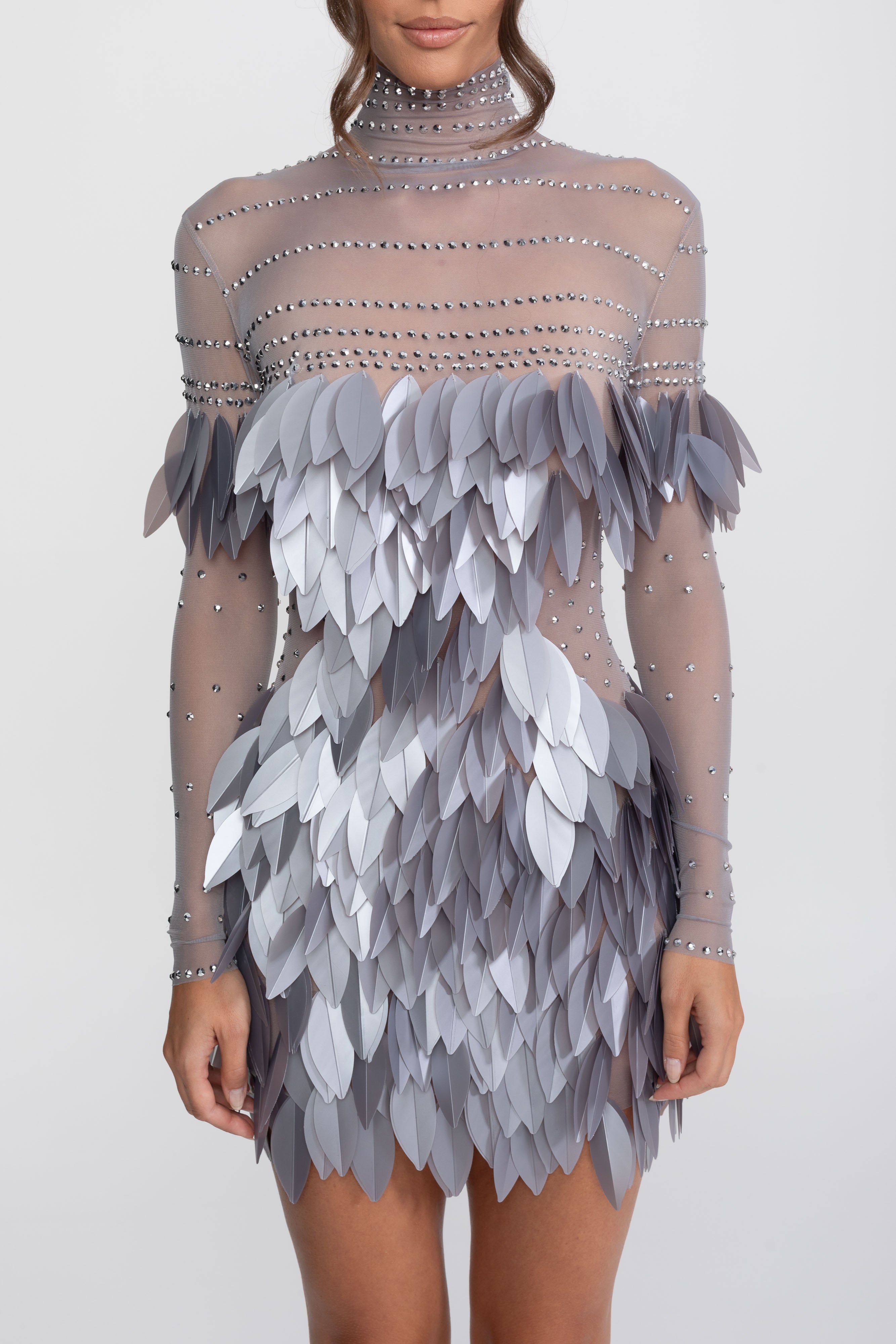 Sheer Mesh Feather-Panel Mini Dress With Crystal Neckline - Gray