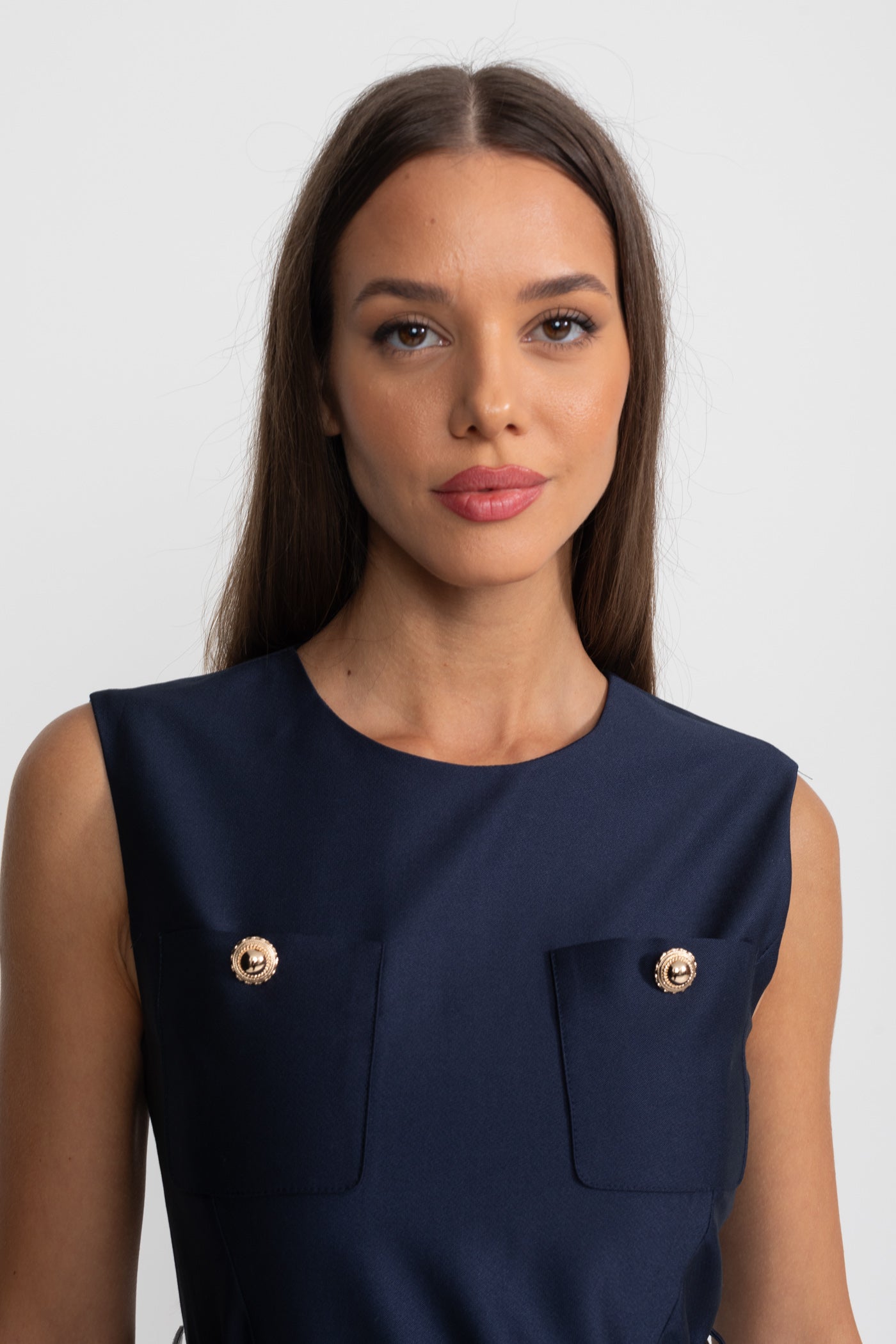 Sleeveless Midi Dress with Belted Waist and Contrast Skirt - Navy