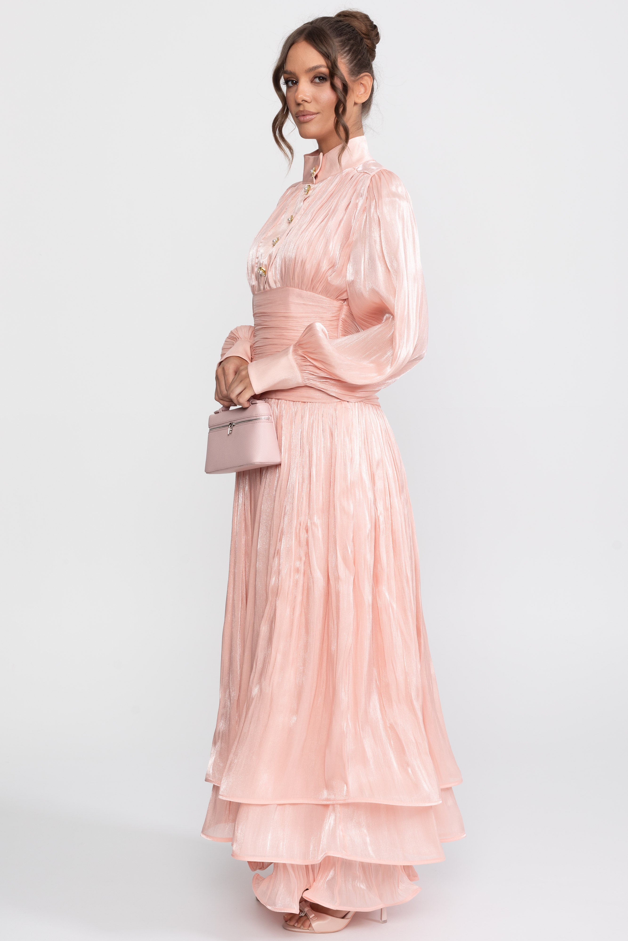 Balloon-Sleeve Tiered Maxi Dress With Jeweled Rose Buttons - Peach