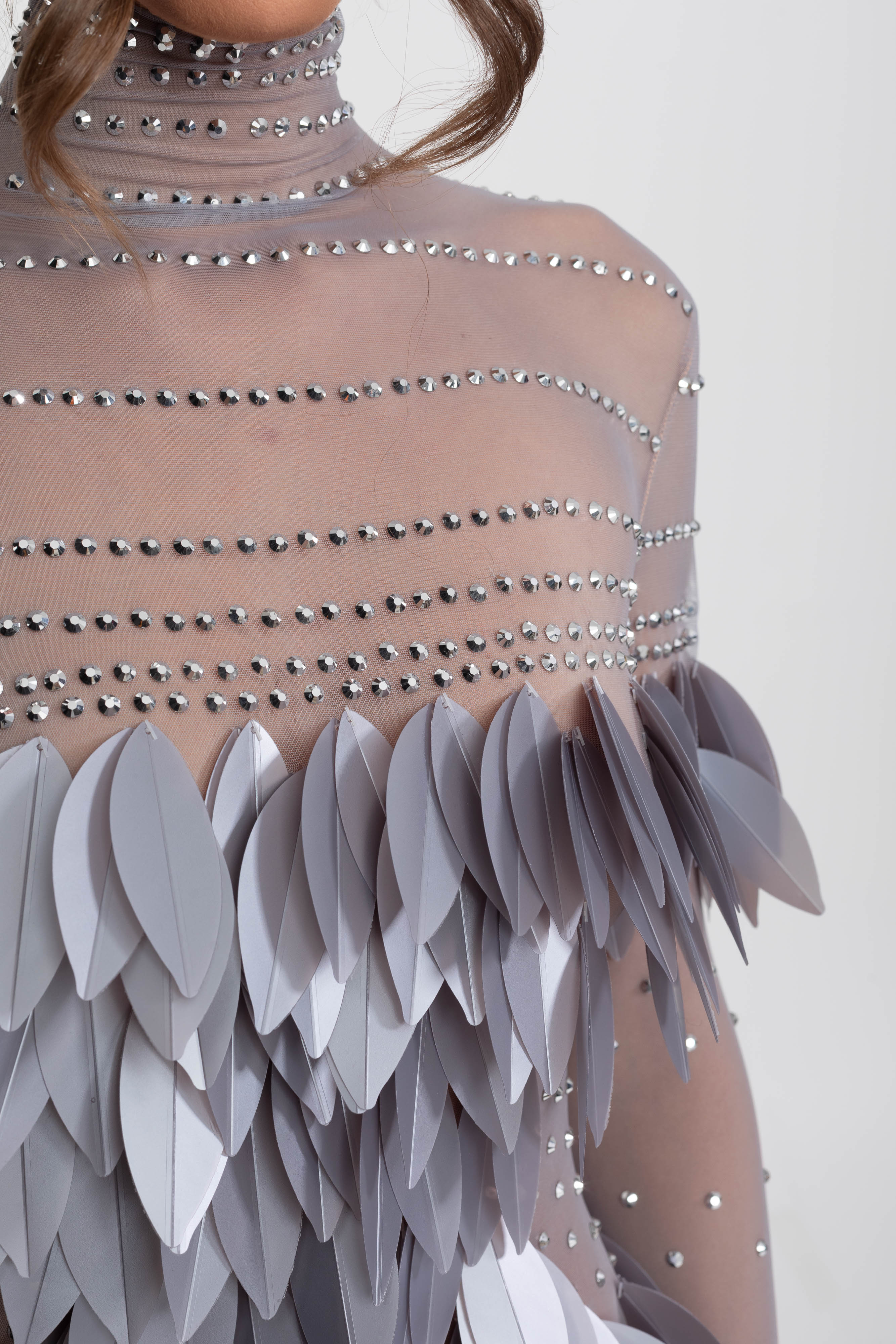 Sheer Mesh Feather-Panel Mini Dress With Crystal Neckline - Gray