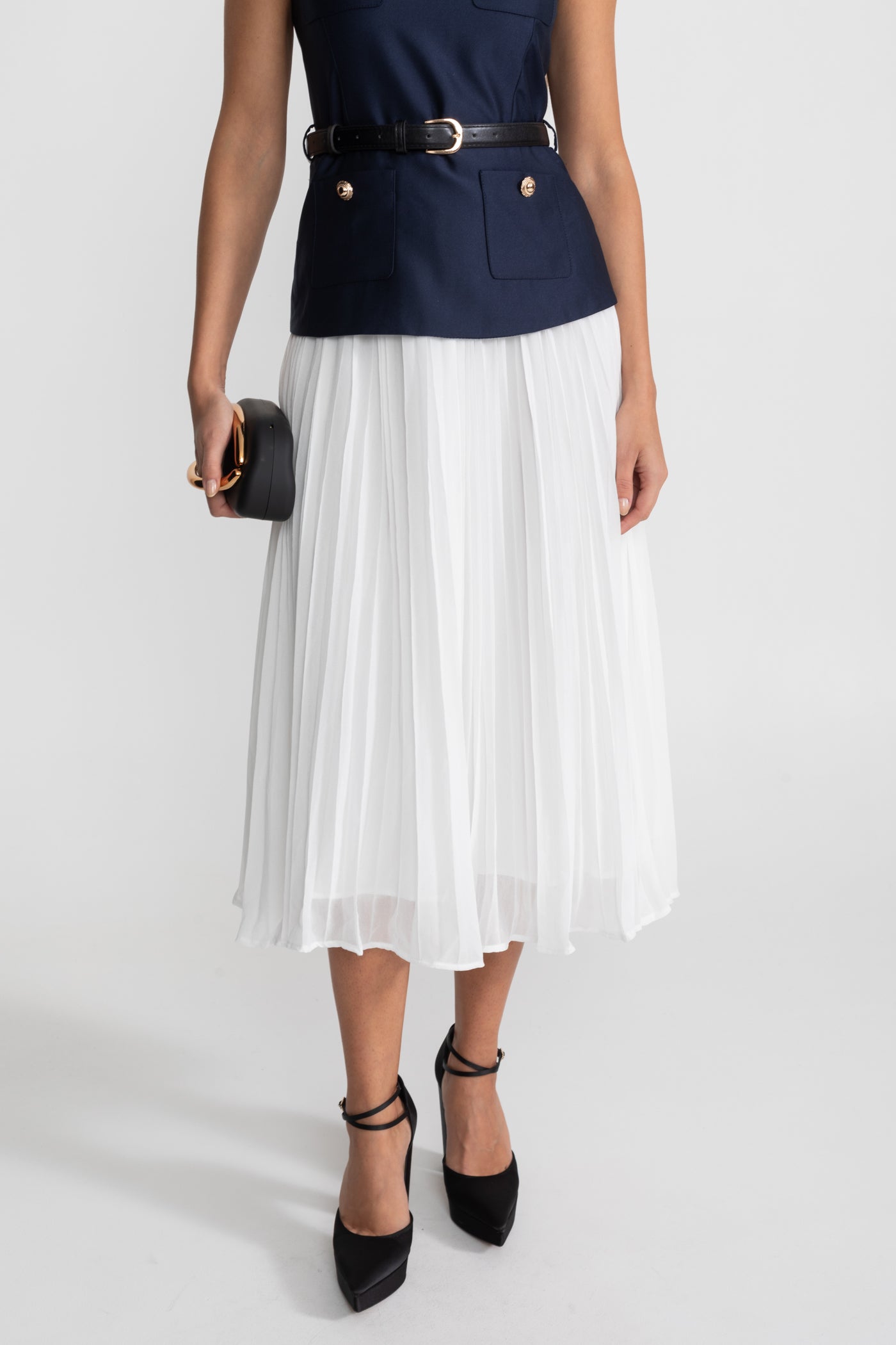 Sleeveless Midi Dress with Belted Waist and Contrast Skirt - Navy