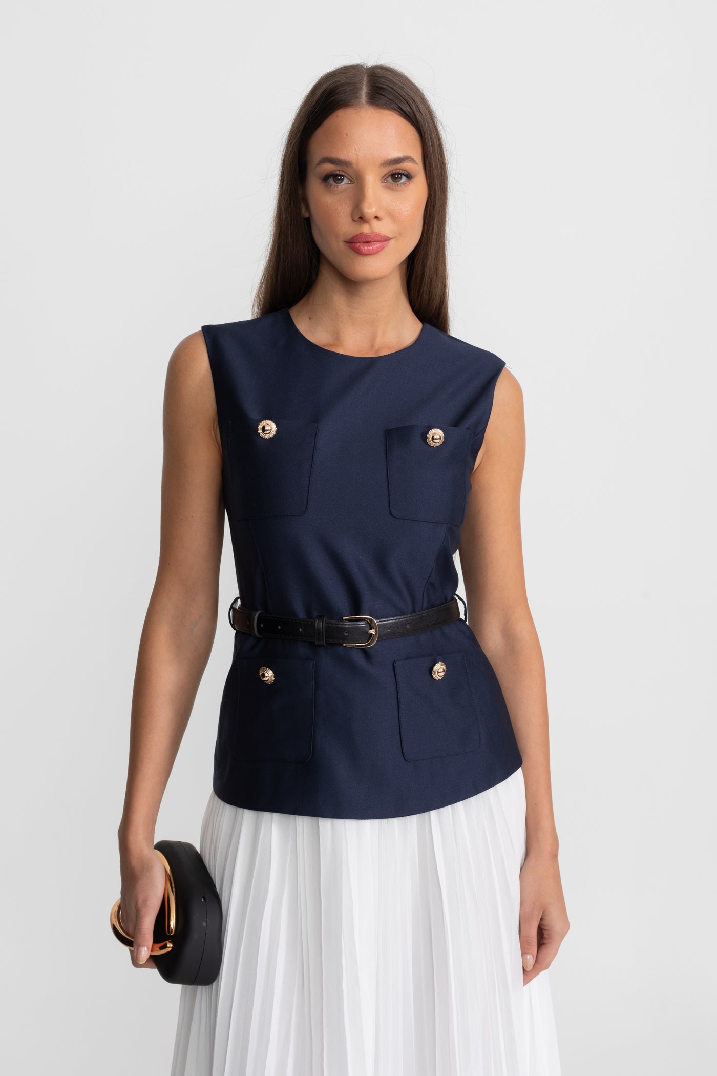 Sleeveless Midi Dress with Belted Waist and Contrast Skirt - Navy