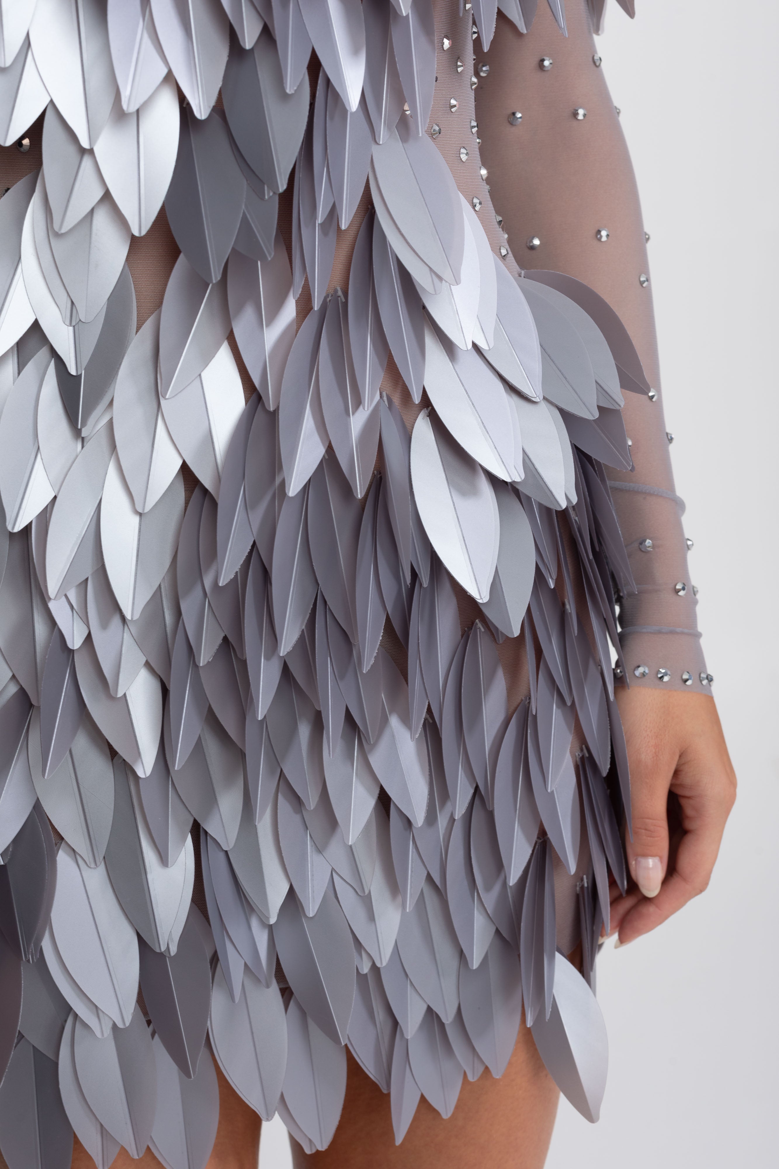 Sheer Mesh Feather-Panel Mini Dress With Crystal Neckline - Gray