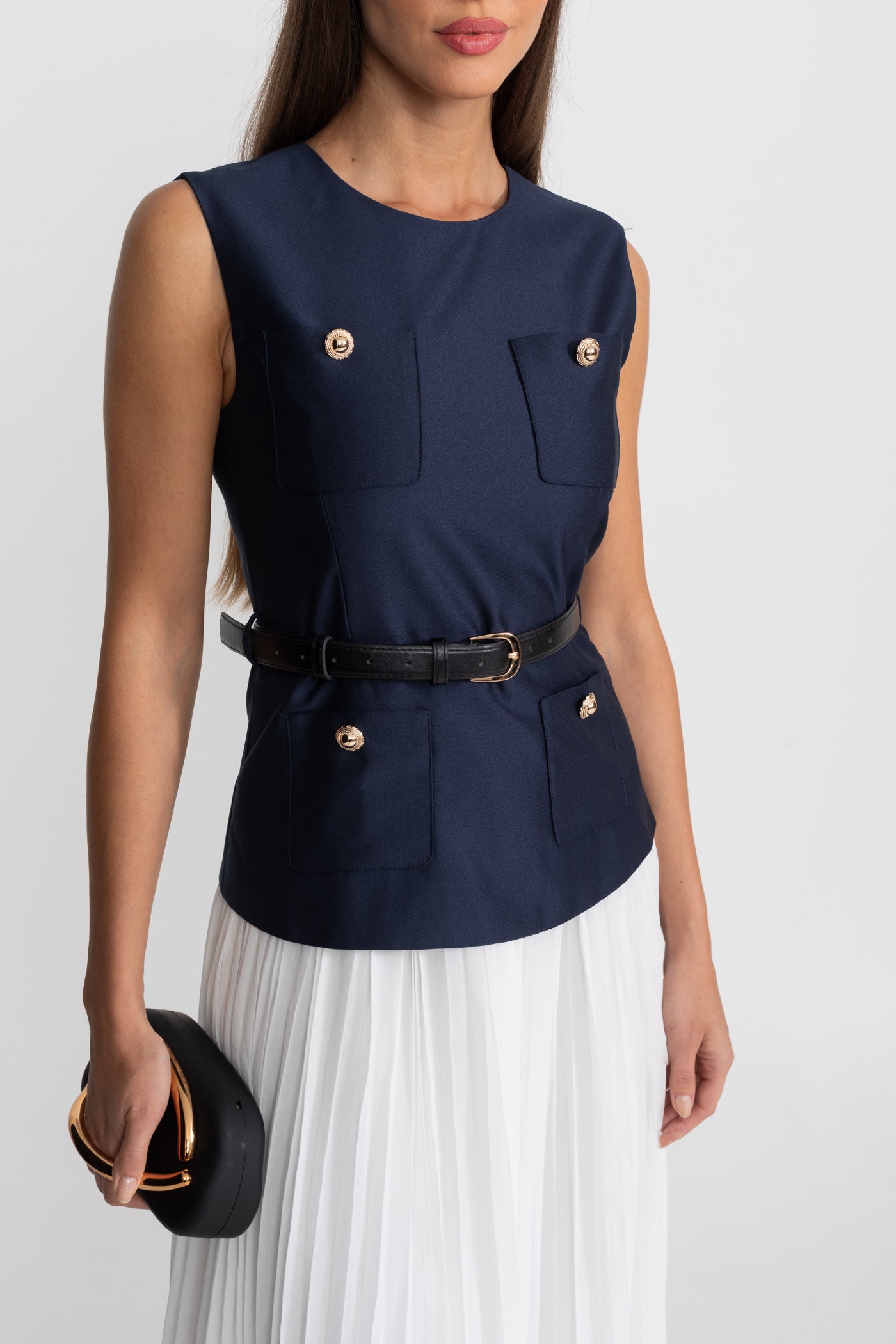 Sleeveless Midi Dress with Belted Waist and Contrast Skirt - Navy
