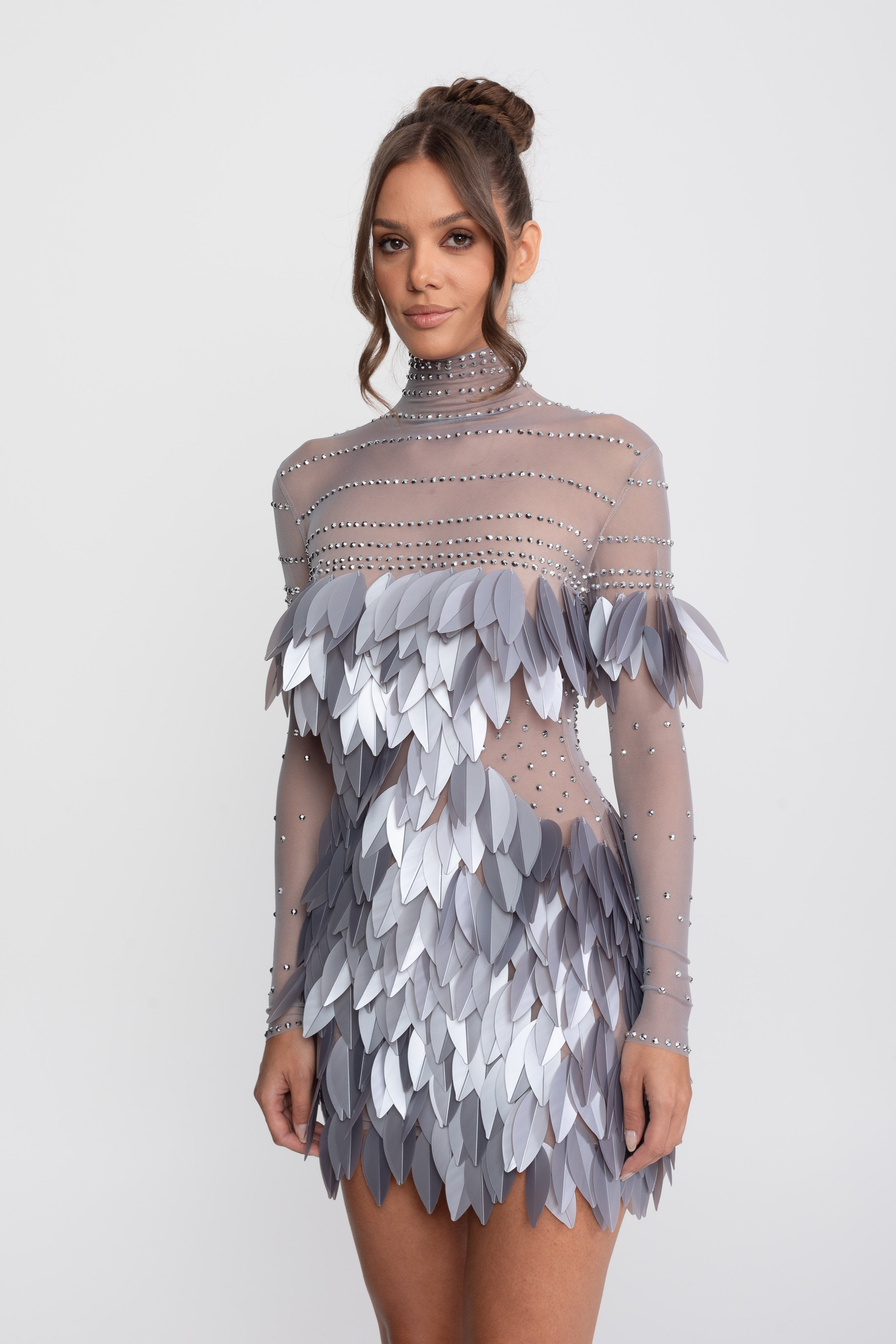 Sheer Mesh Feather-Panel Mini Dress With Crystal Neckline - Gray