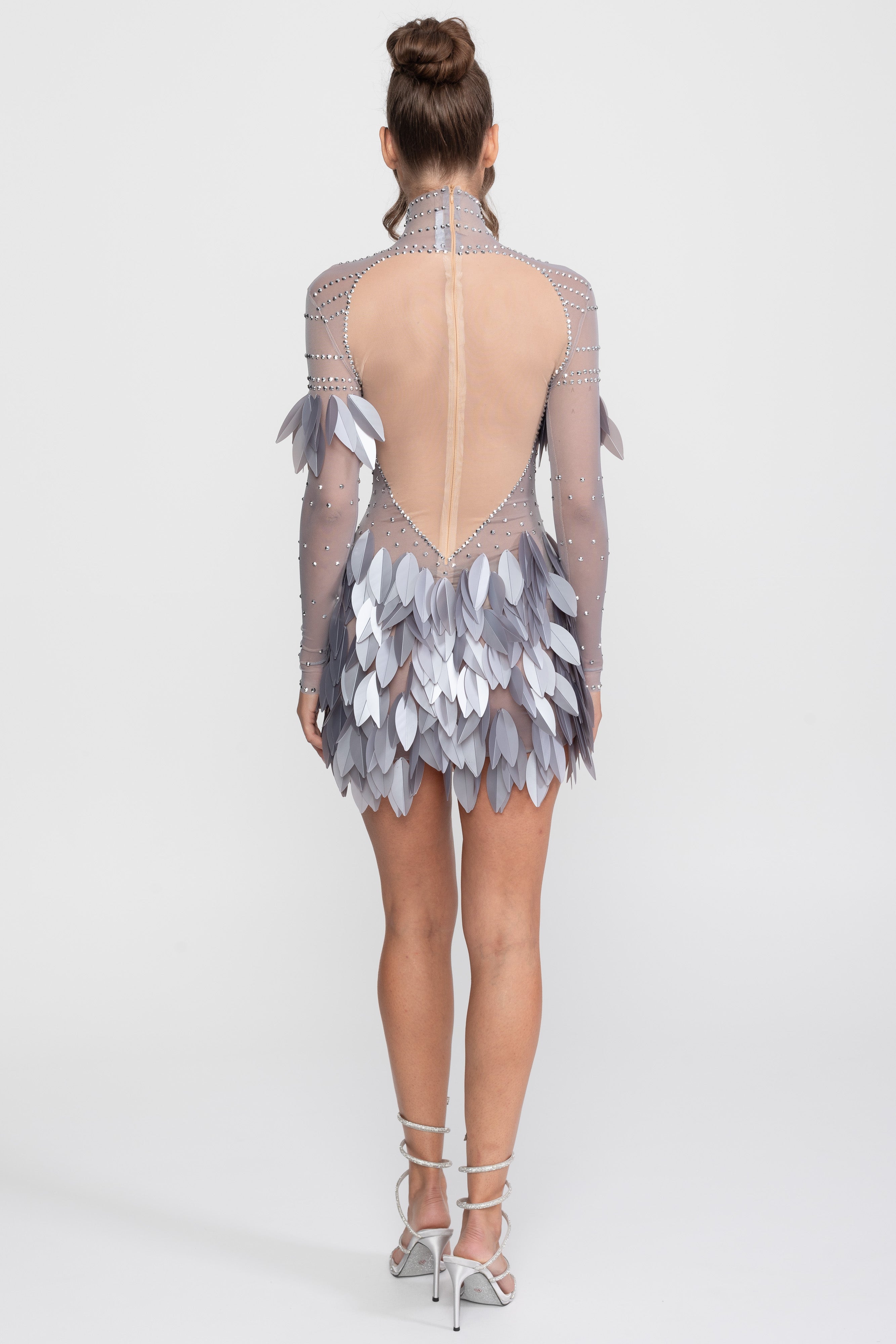 Sheer Mesh Feather-Panel Mini Dress With Crystal Neckline - Gray