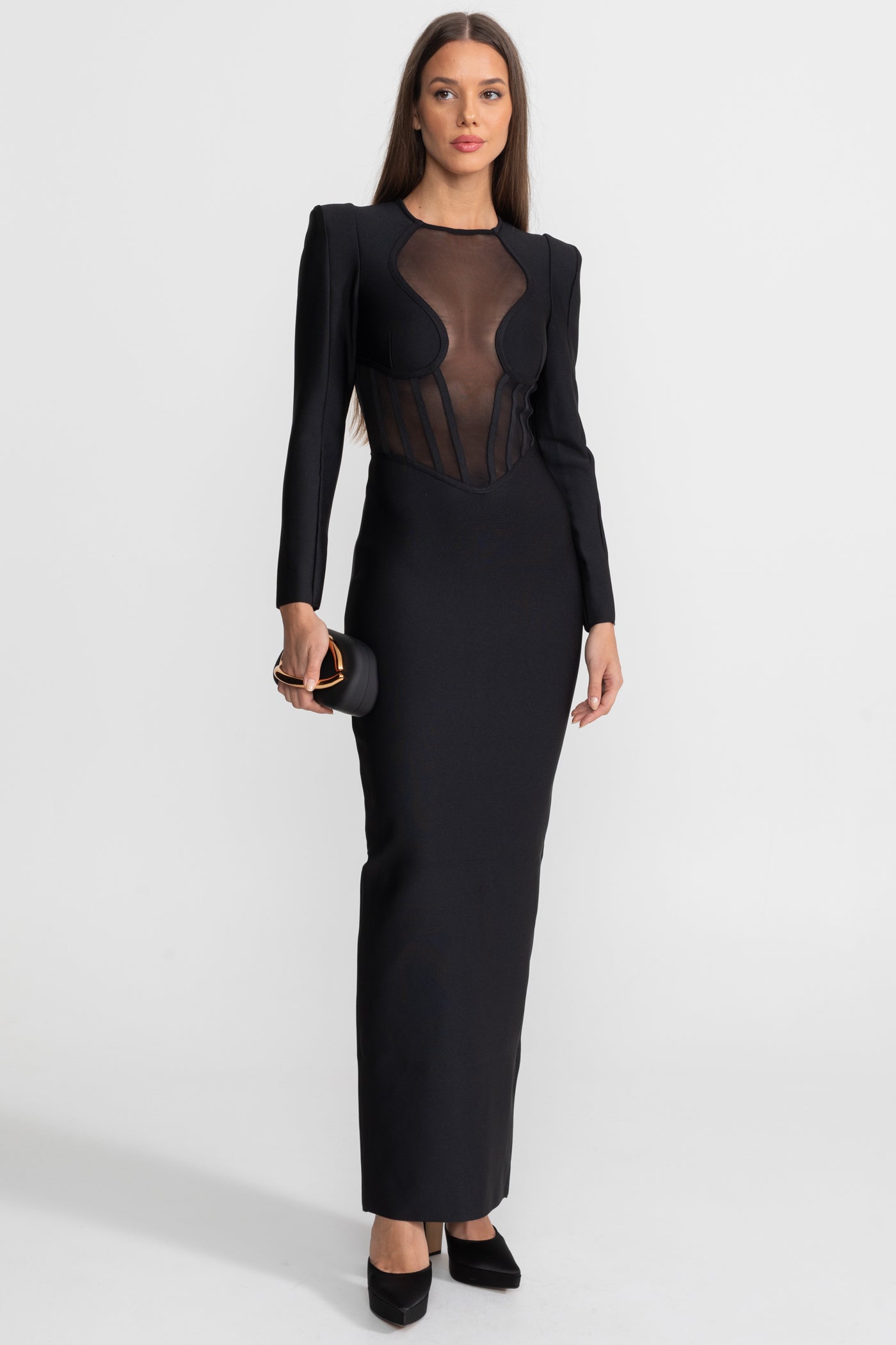 Maxi Dress with Sheer Corset Bodice and Structured Shoulders - Black
