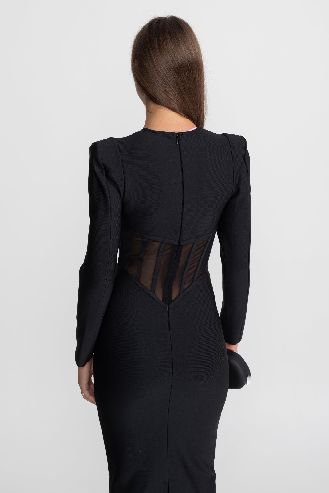 Maxi Dress with Sheer Corset Bodice and Structured Shoulders - Black