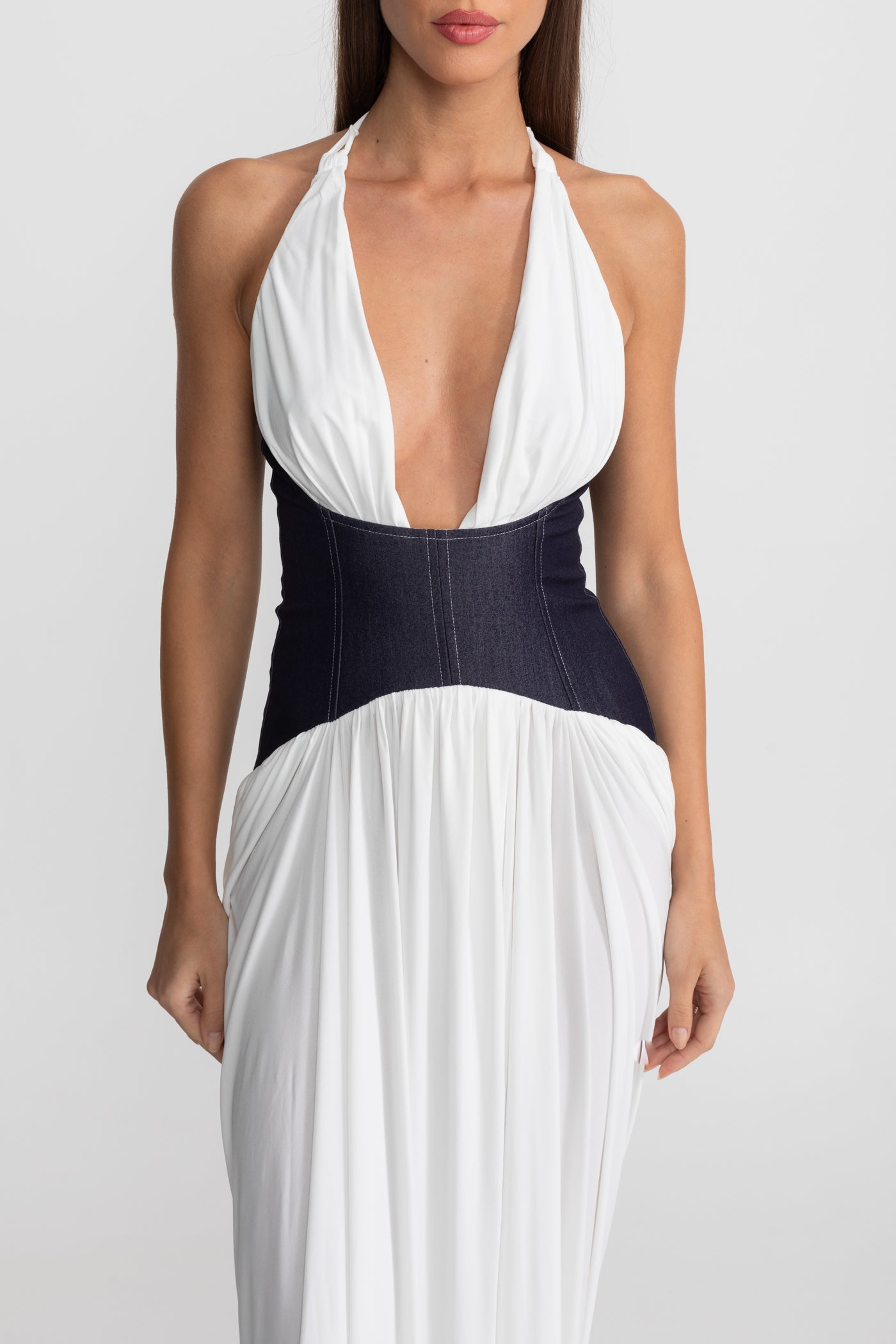 Halter Maxi Dress with Denim Corset Waist – White