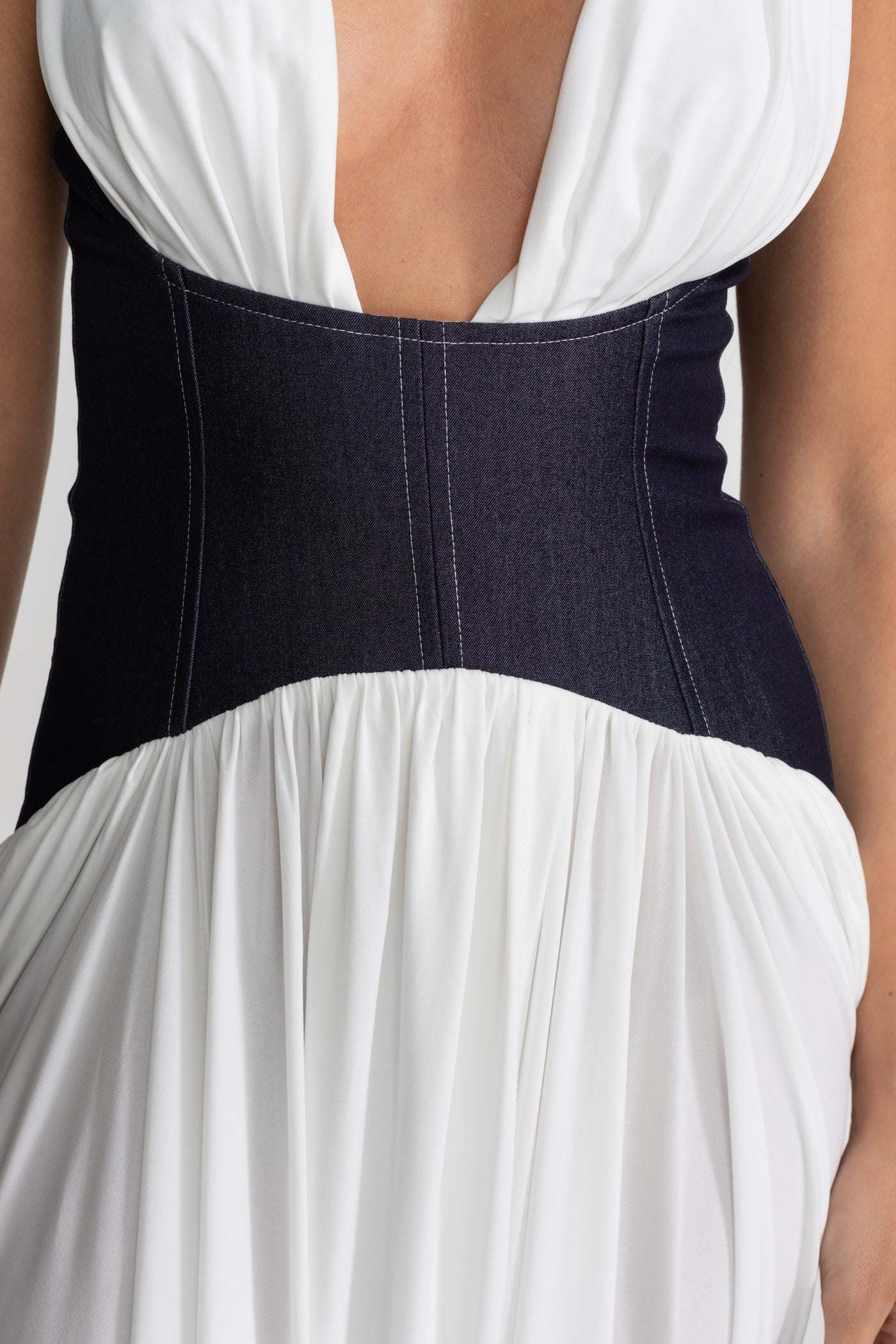 Halter Maxi Dress with Denim Corset Waist – White