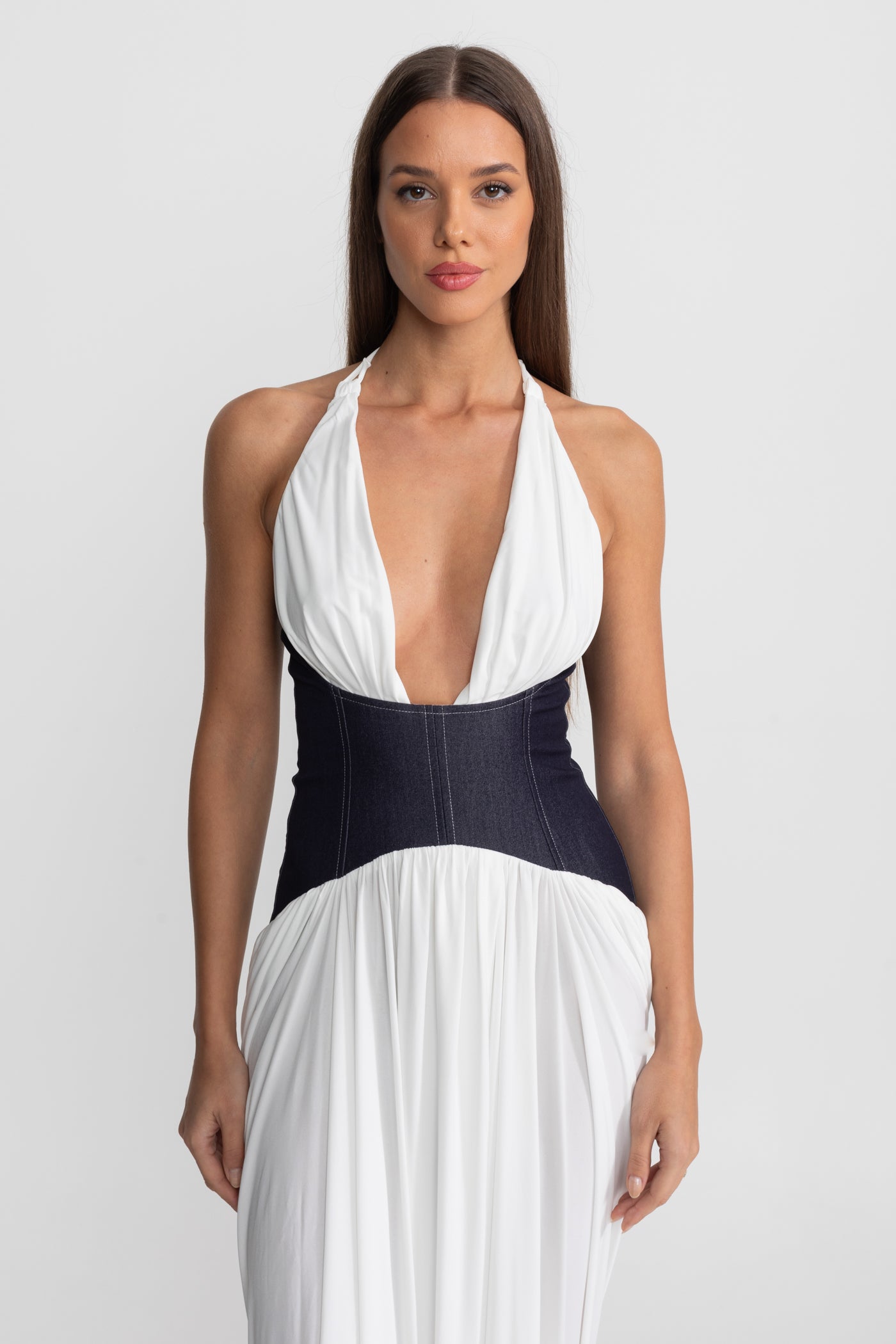 Halter Maxi Dress with Denim Corset Waist – White