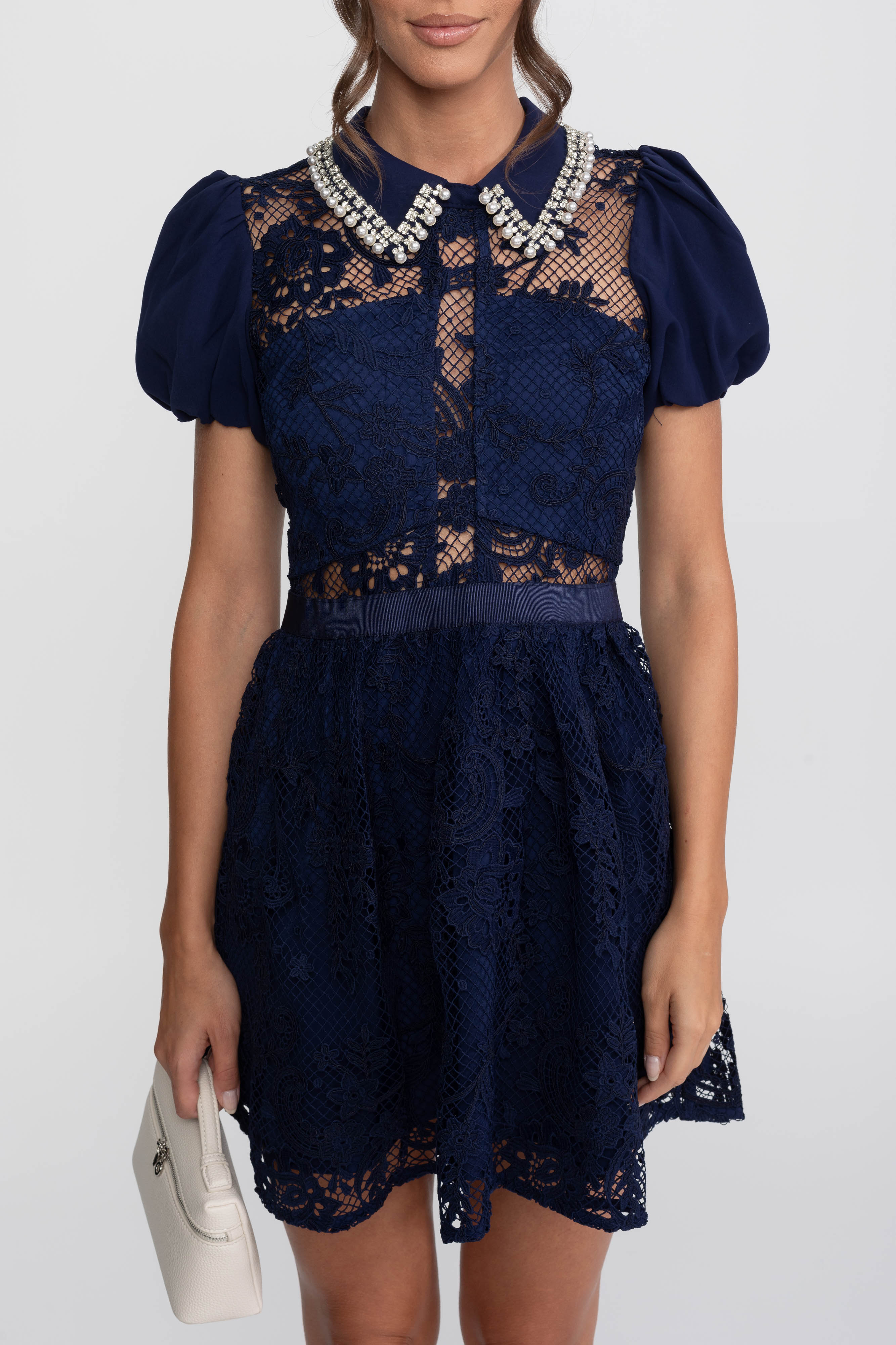 Puff Sleeves Lace Mini Dress With Pearl Collar - Navy