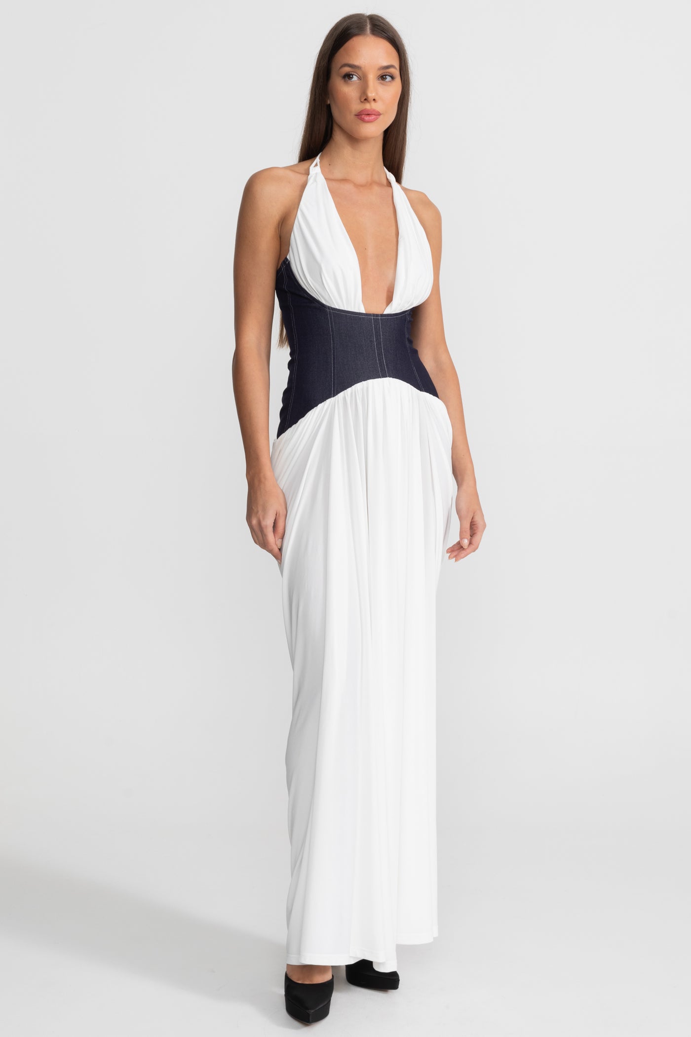 Halter Maxi Dress with Denim Corset Waist – White
