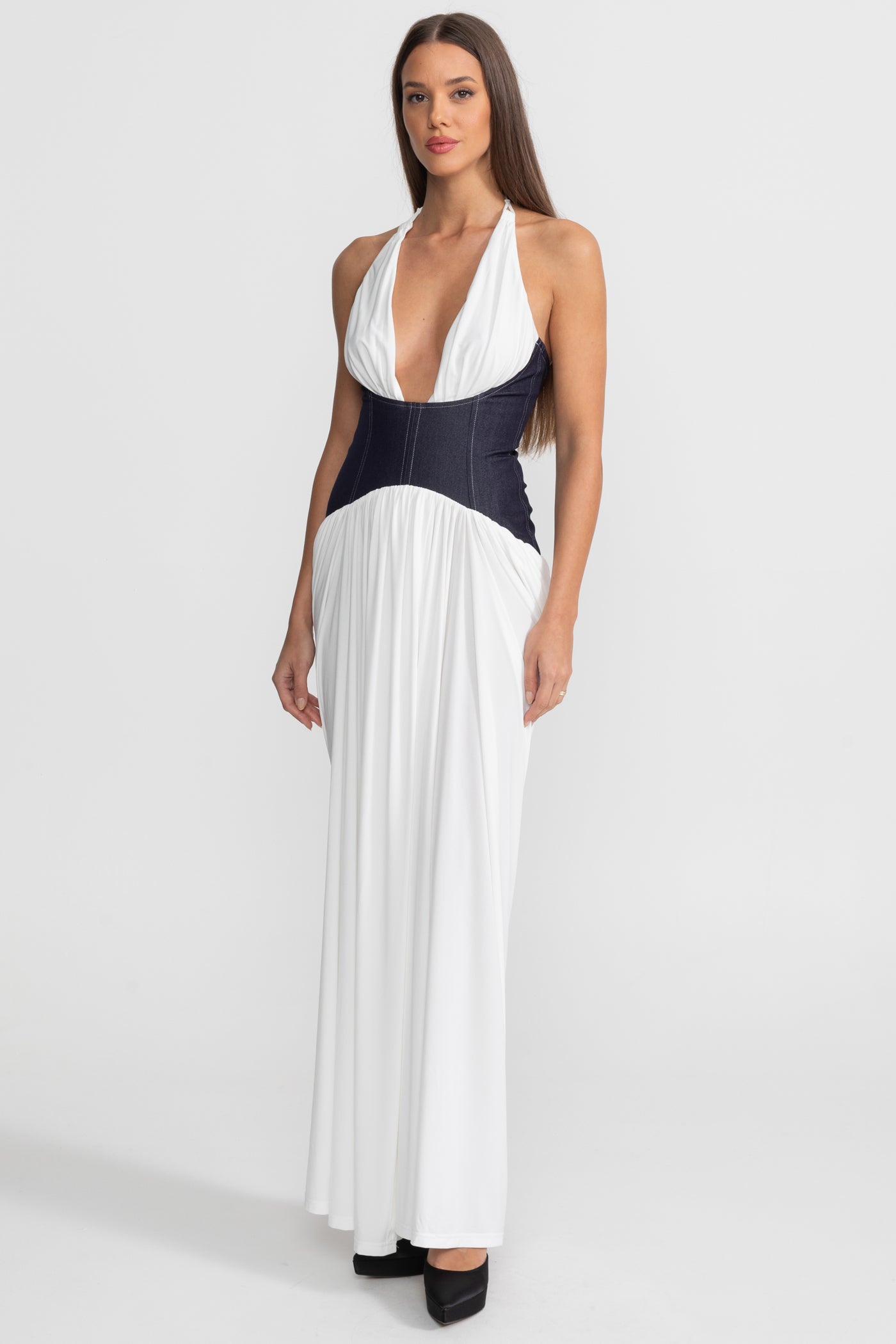 Halter Maxi Dress with Denim Corset Waist – White