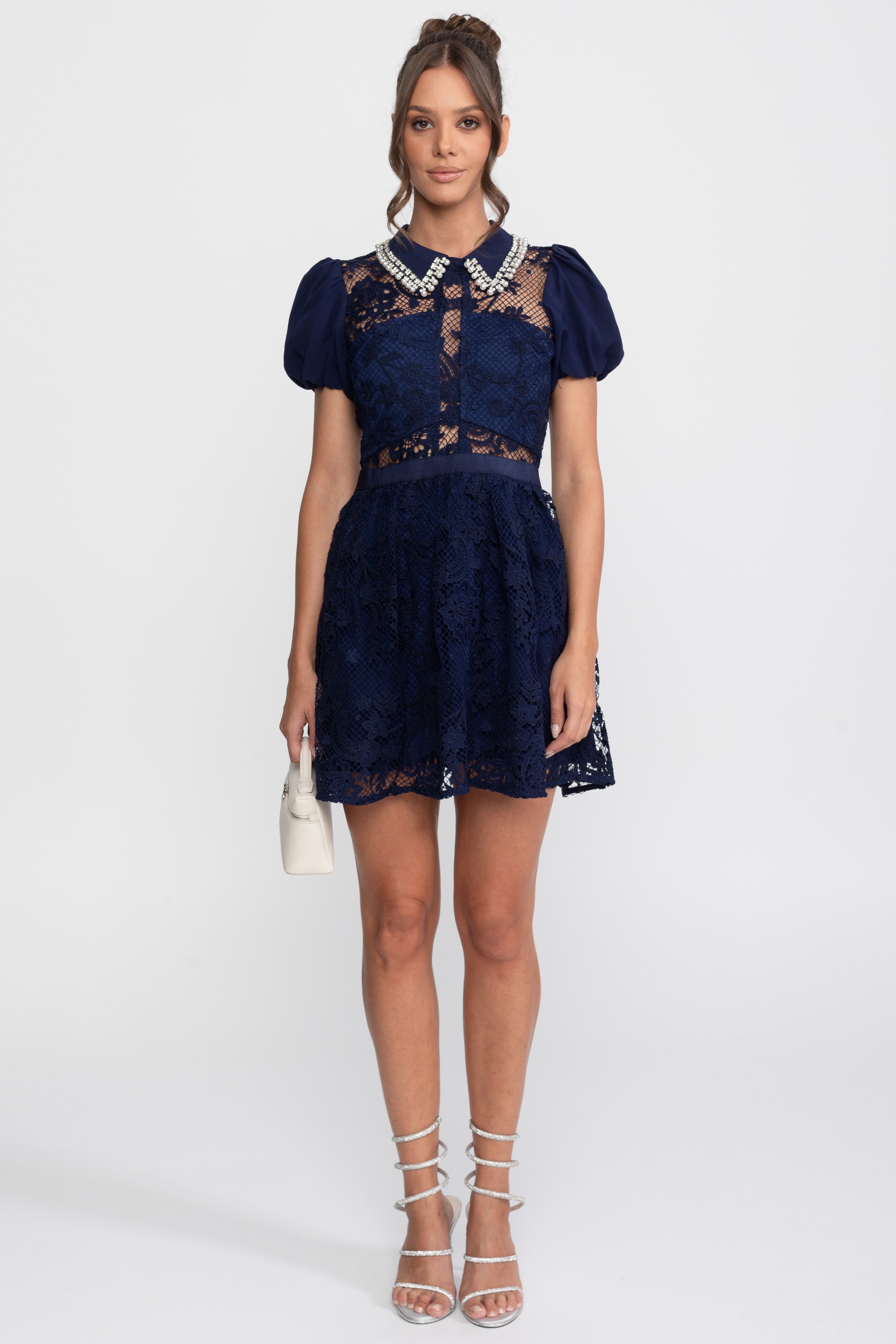 Puff Sleeves Lace Mini Dress With Pearl Collar - Navy