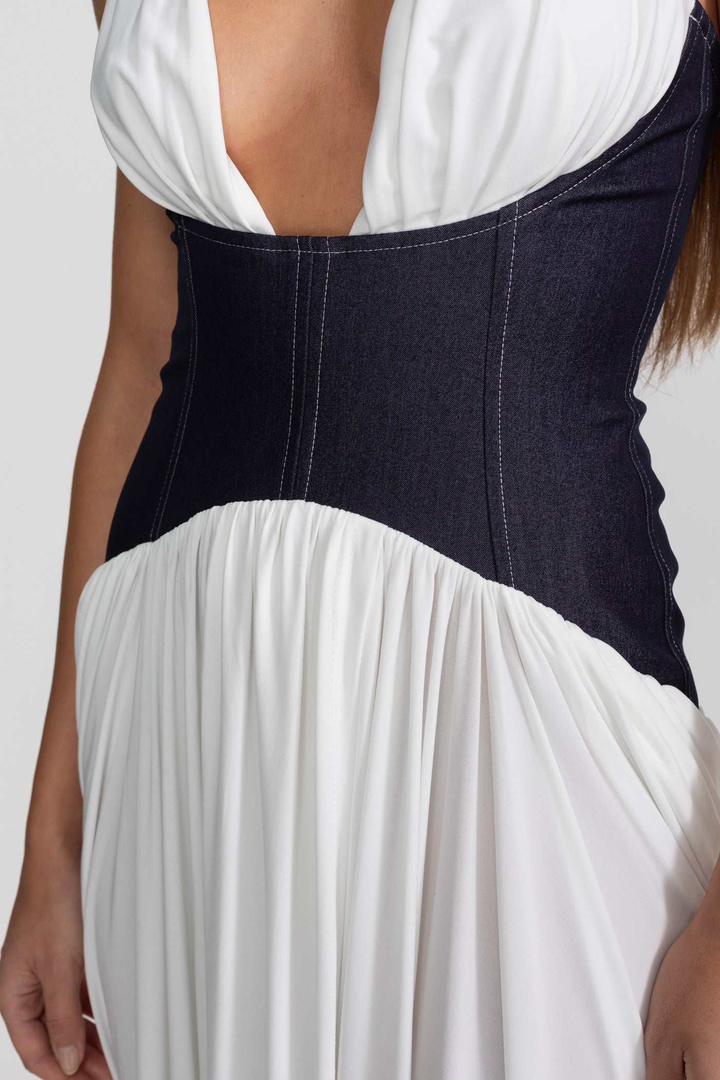 Halter Maxi Dress with Denim Corset Waist – White