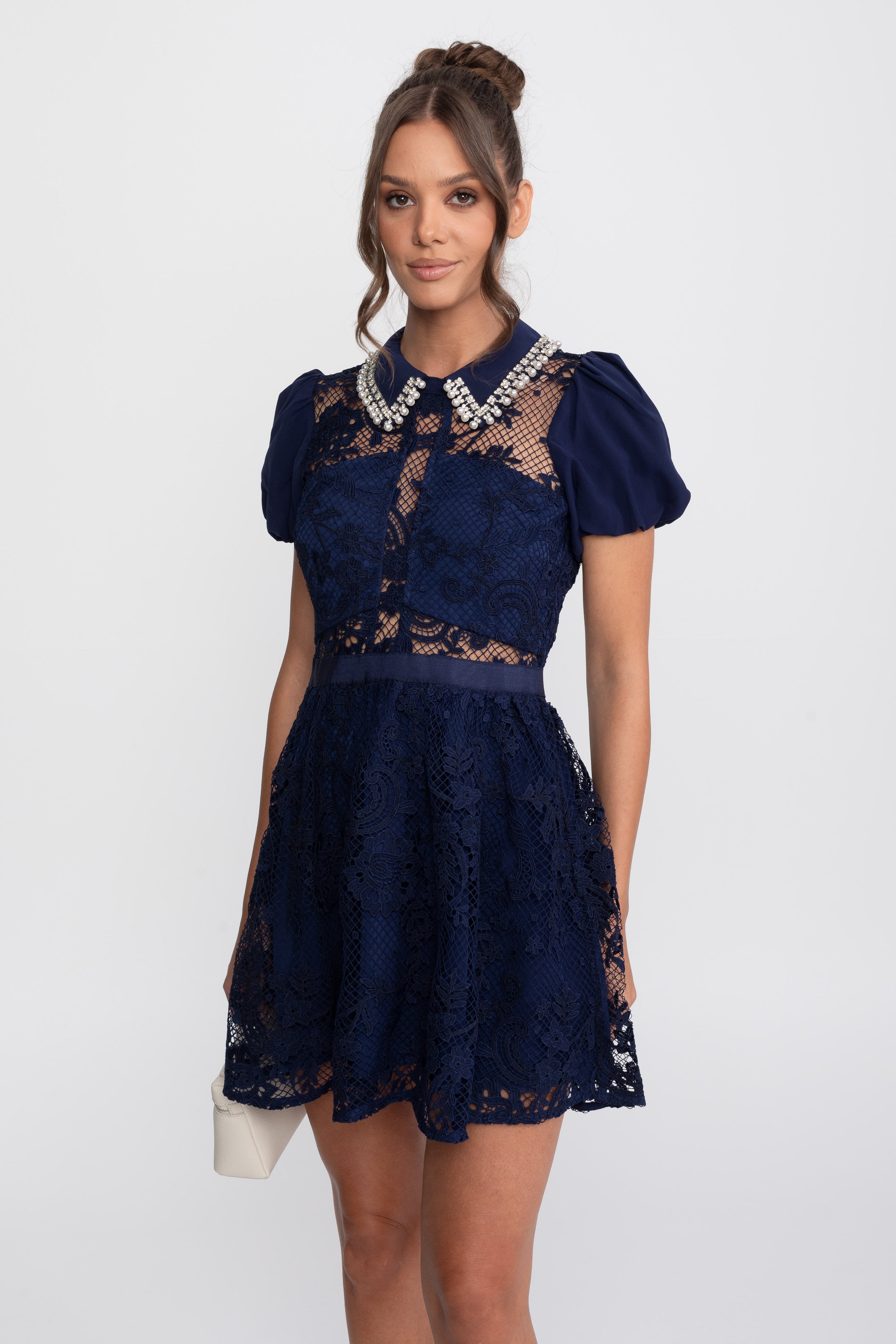 Puff Sleeves Lace Mini Dress With Pearl Collar - Navy