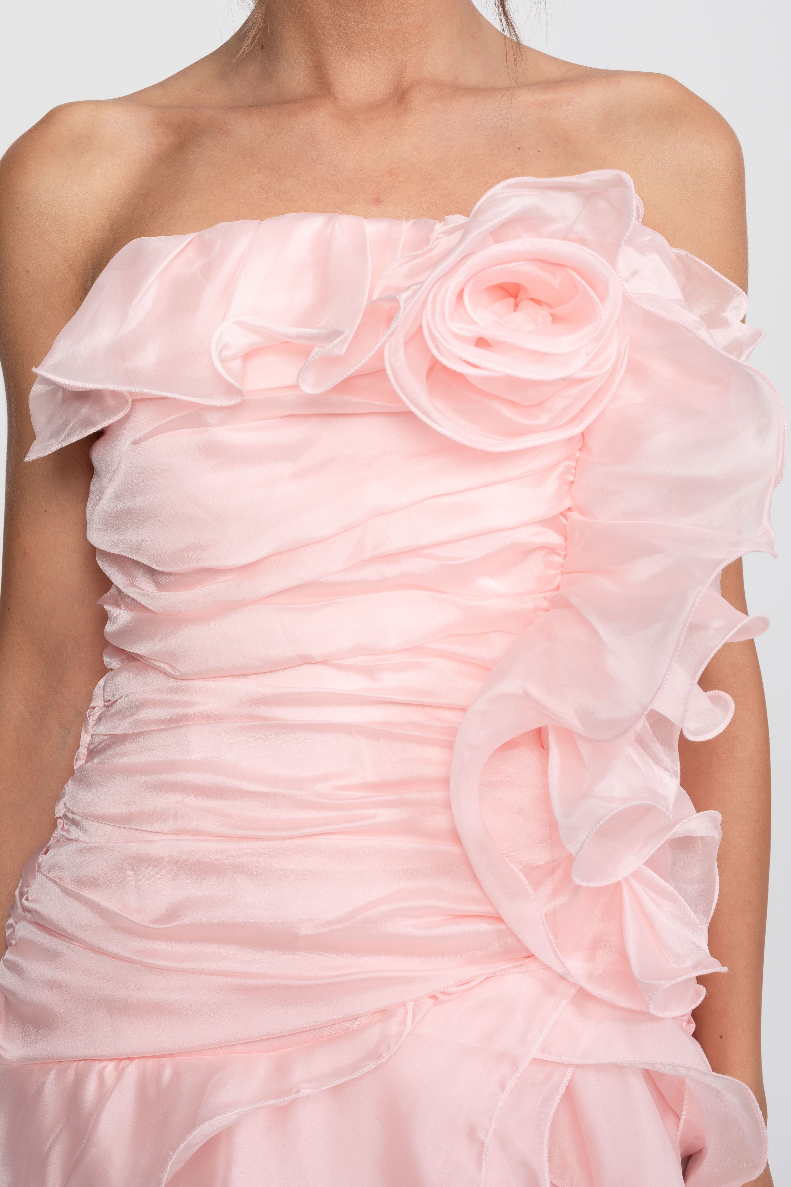 Strapless Rosette Petal Dress With 3D Floral Embellishments - Pink