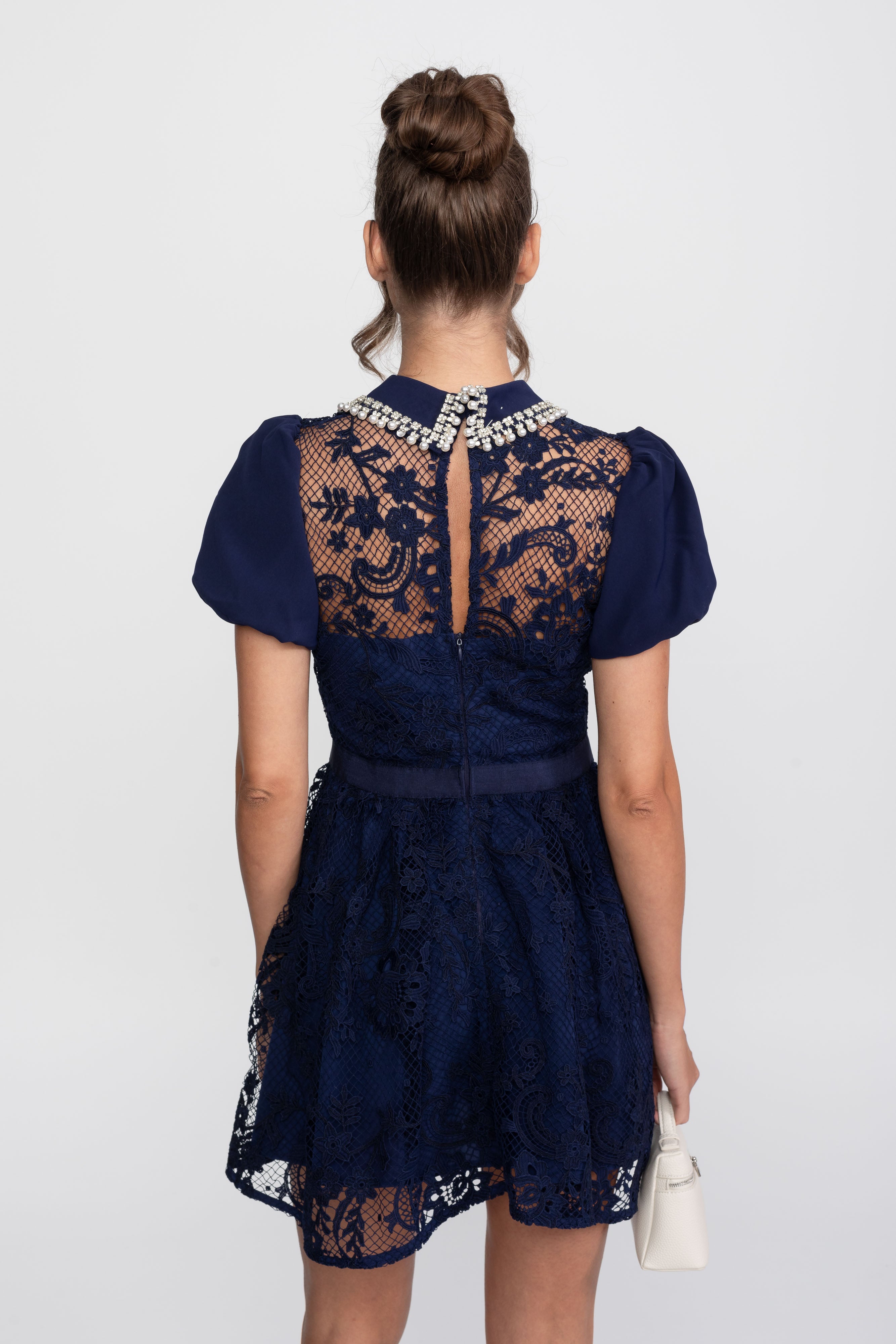Puff Sleeves Lace Mini Dress With Pearl Collar - Navy