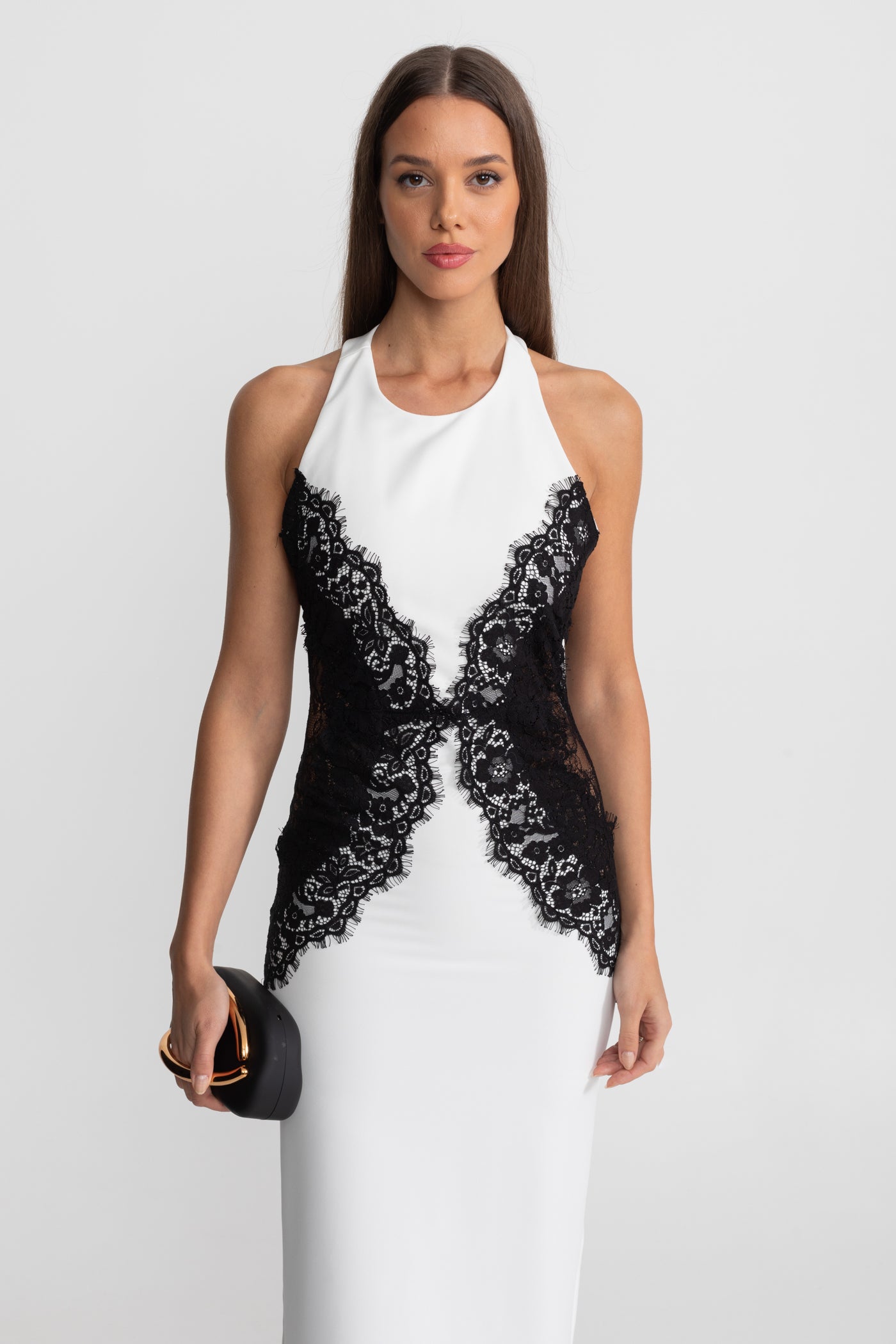 Halter Maxi Dress with Contrast Lace Panels – White