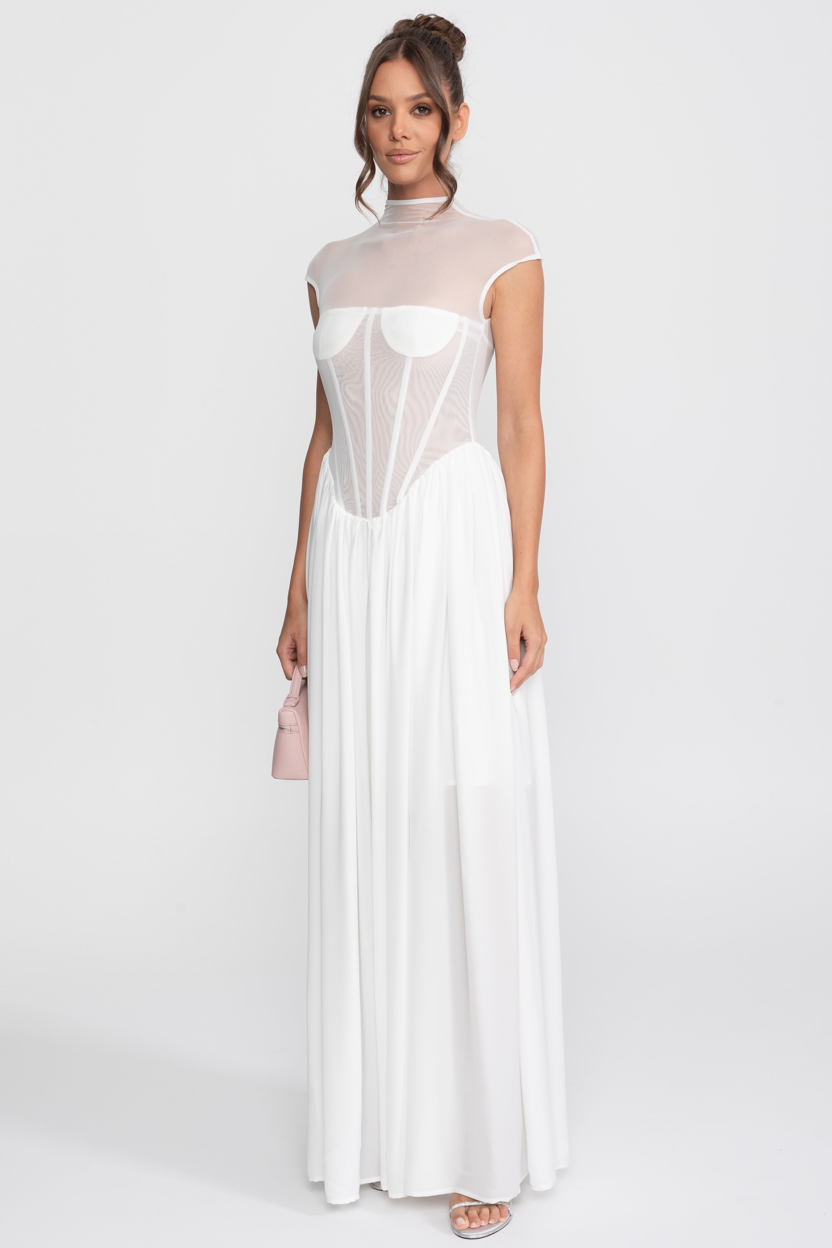 Sheer Corset Maxi Dress With Cap Sleeves - White