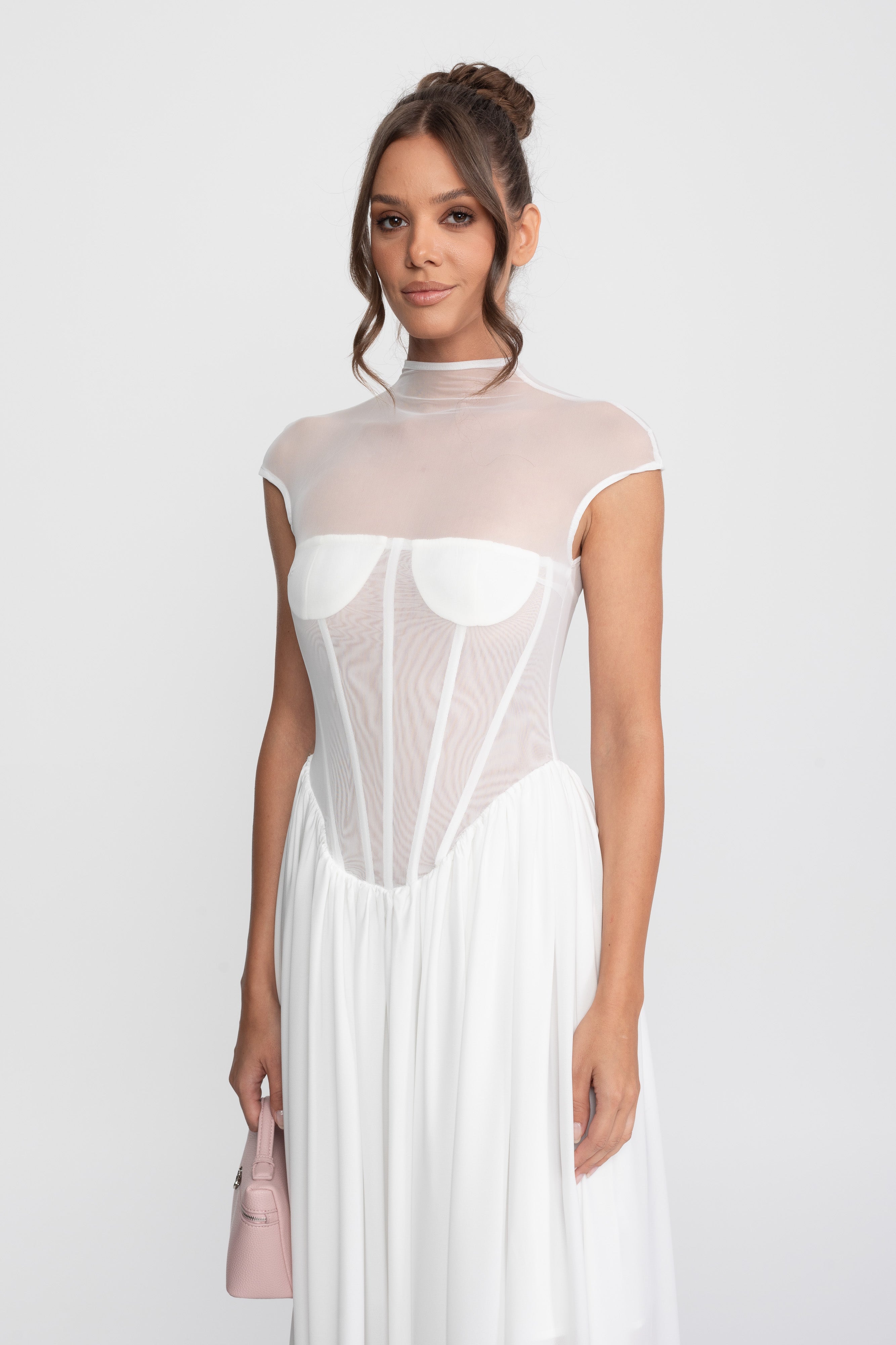 Sheer Corset Maxi Dress With Cap Sleeves - White
