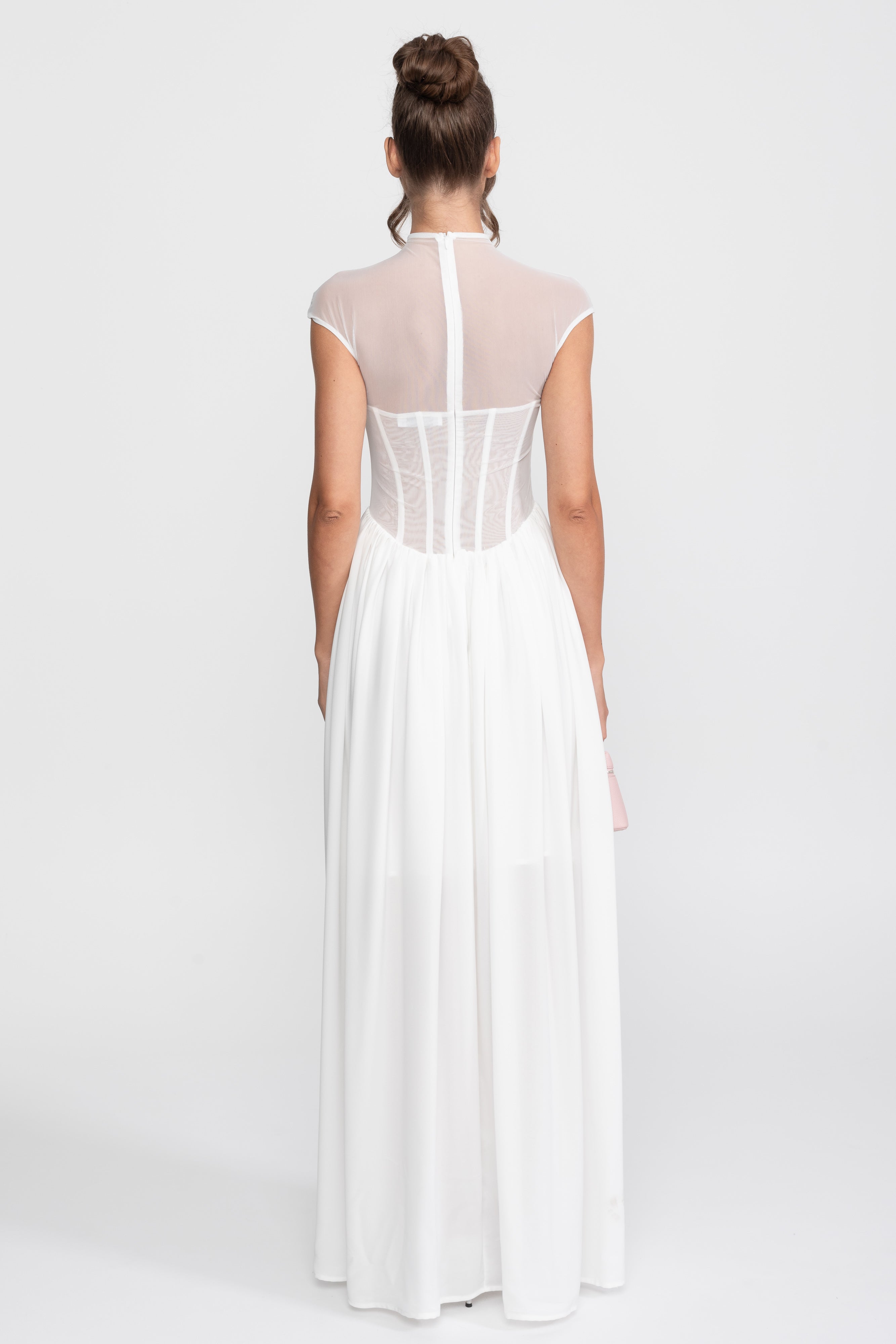 Sheer Corset Maxi Dress With Cap Sleeves - White