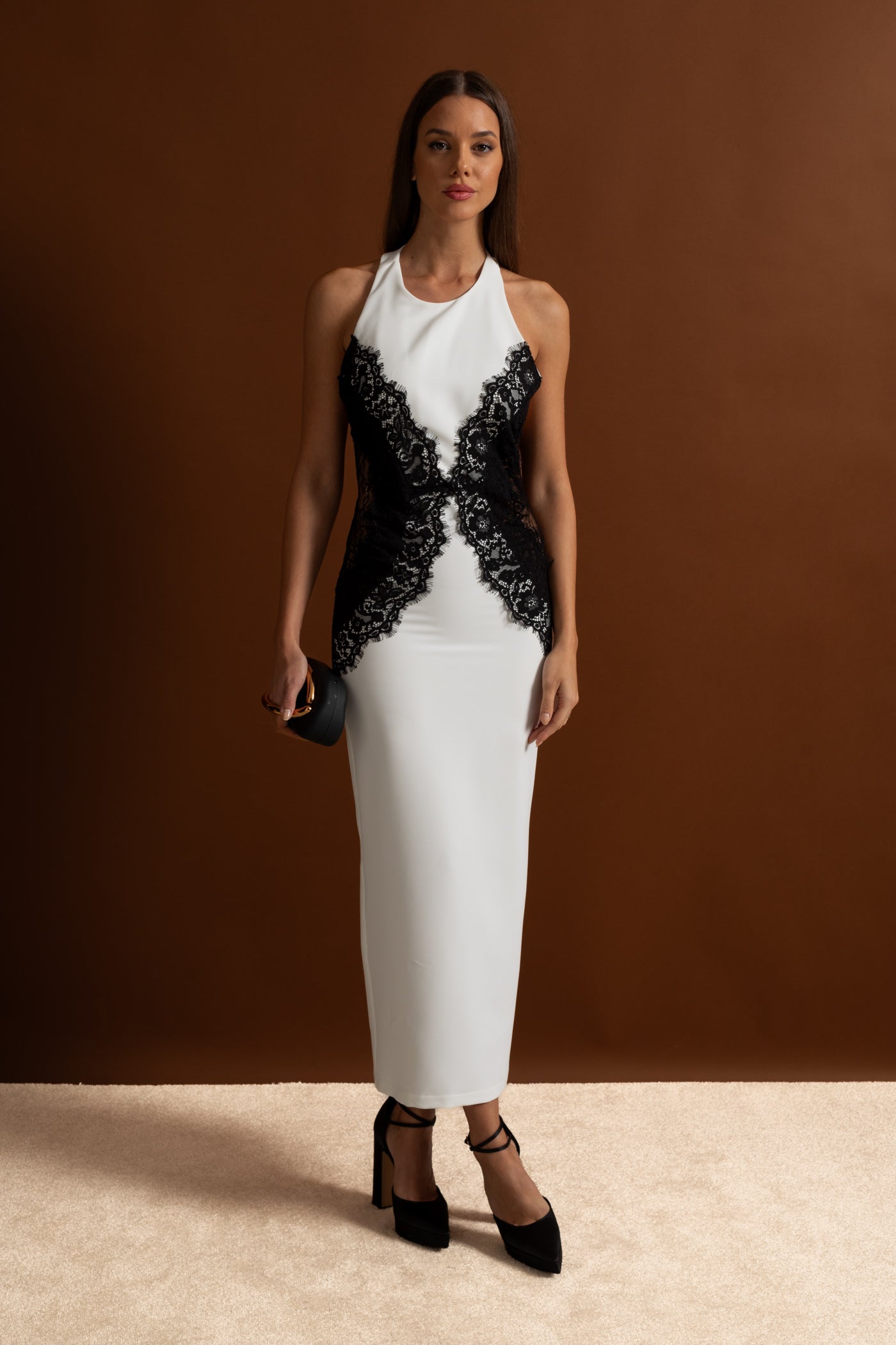 Halter Maxi Dress with Contrast Lace Panels – White