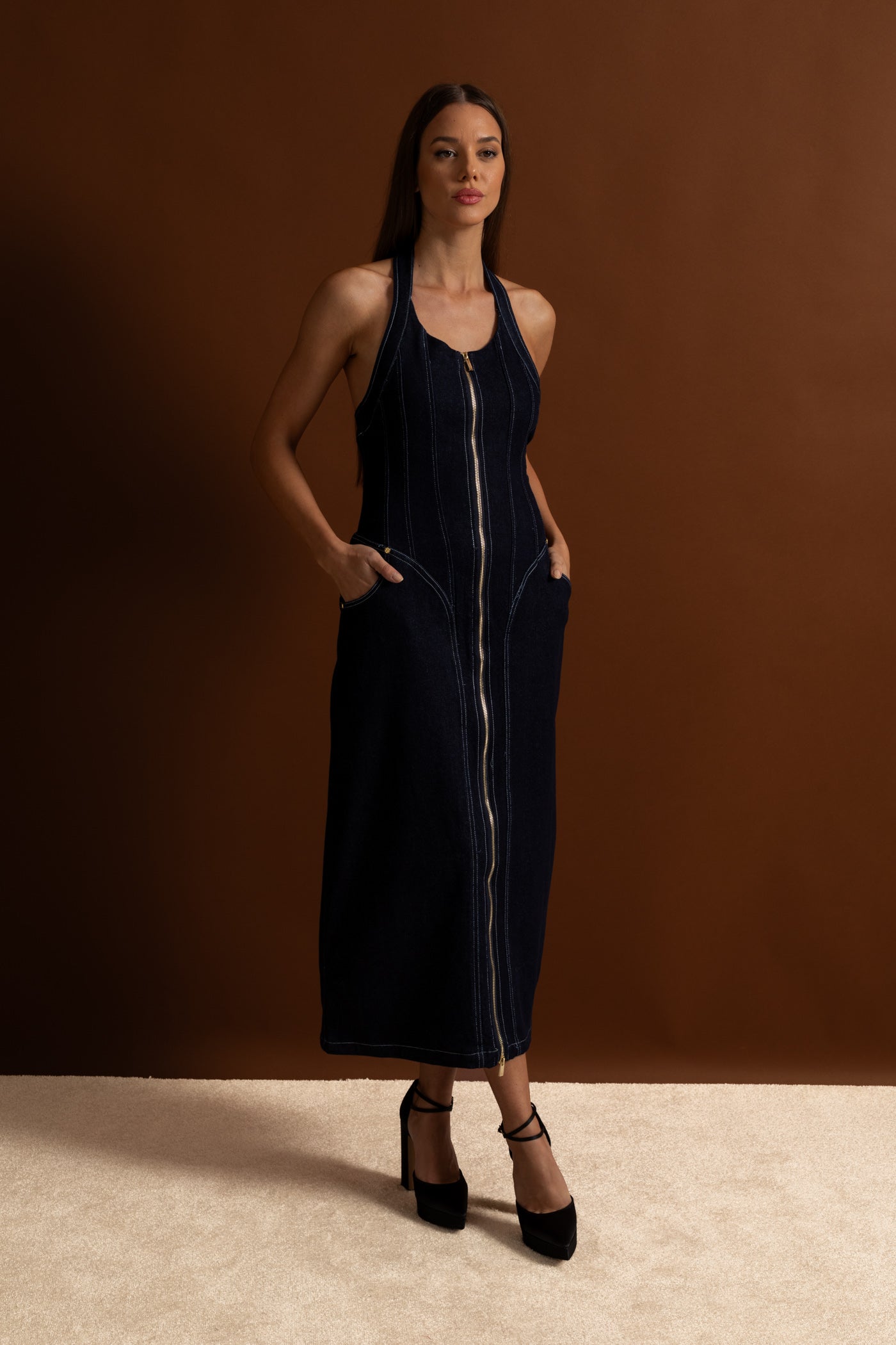 Denim Halter Dress with Front Zip Closure - Dark Indigo
