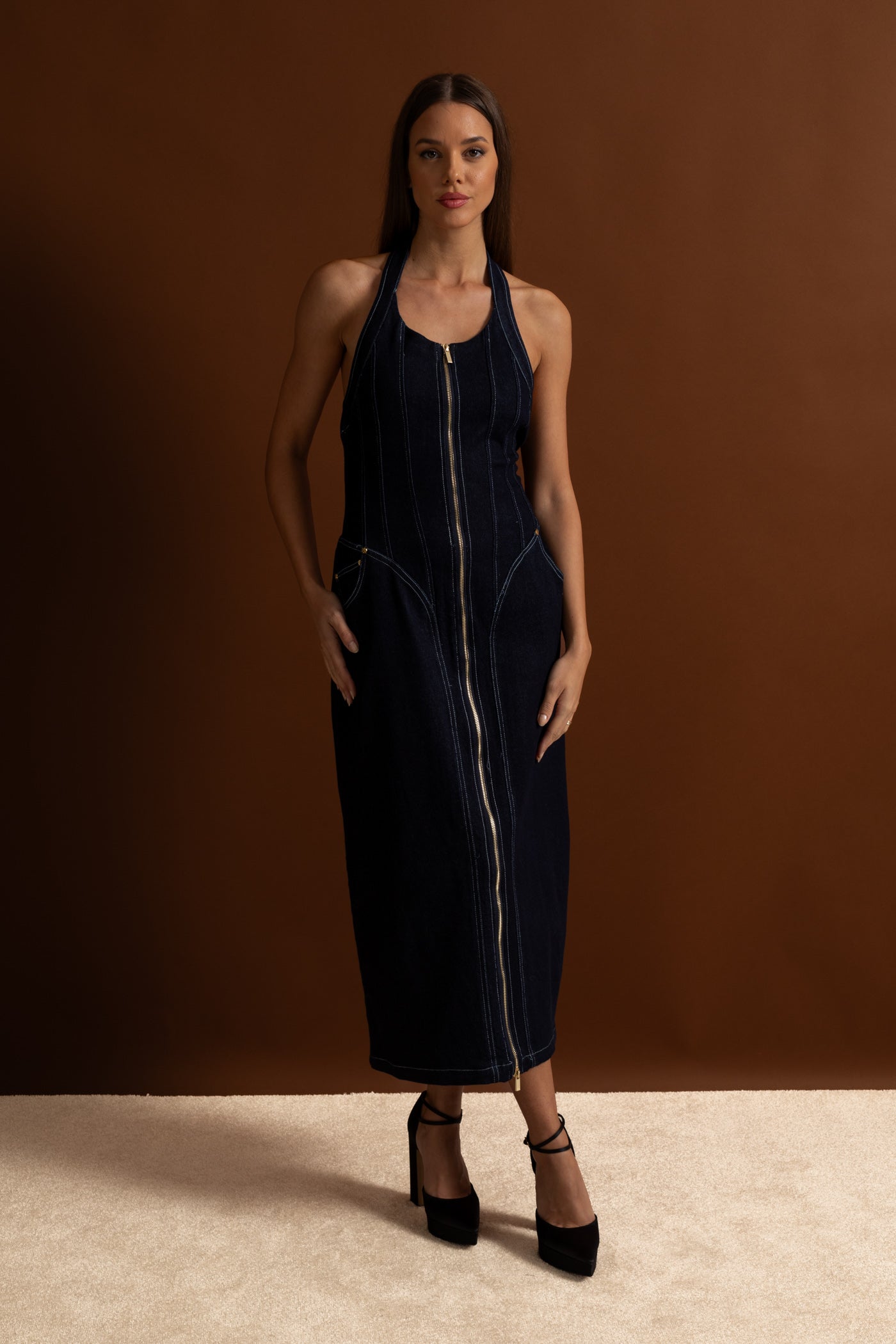 Denim Halter Dress with Front Zip Closure - Dark Indigo