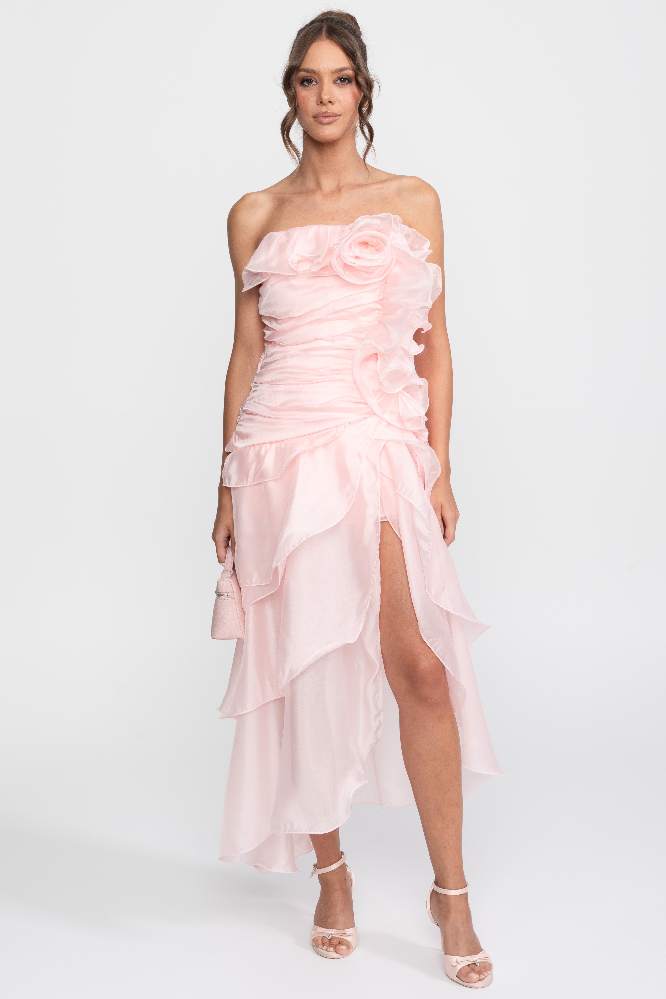 Strapless Rosette Petal Dress With 3D Floral Embellishments - Pink