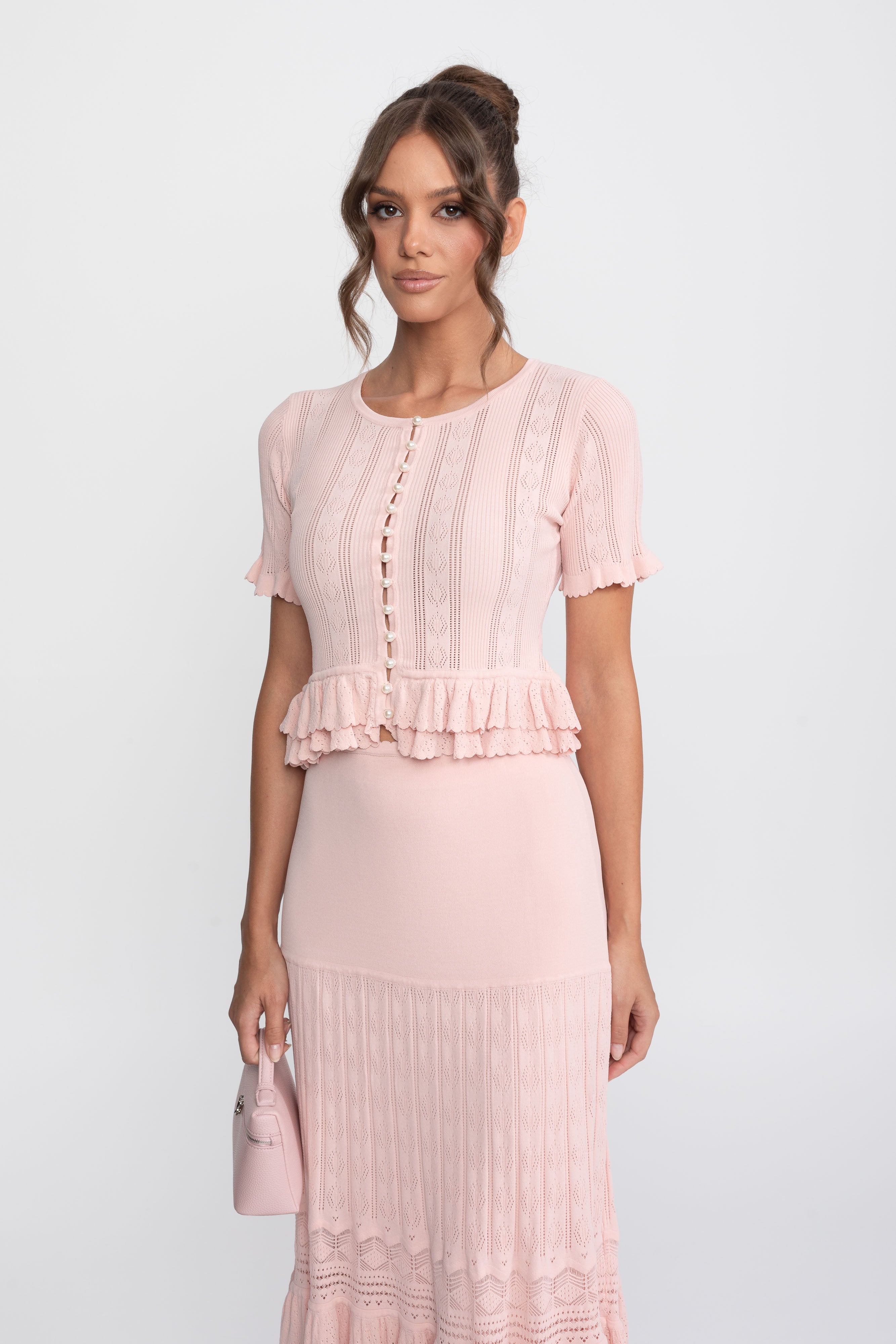 Two-Piece Knit Co-Ord Set With Ruffled Waist - Pink