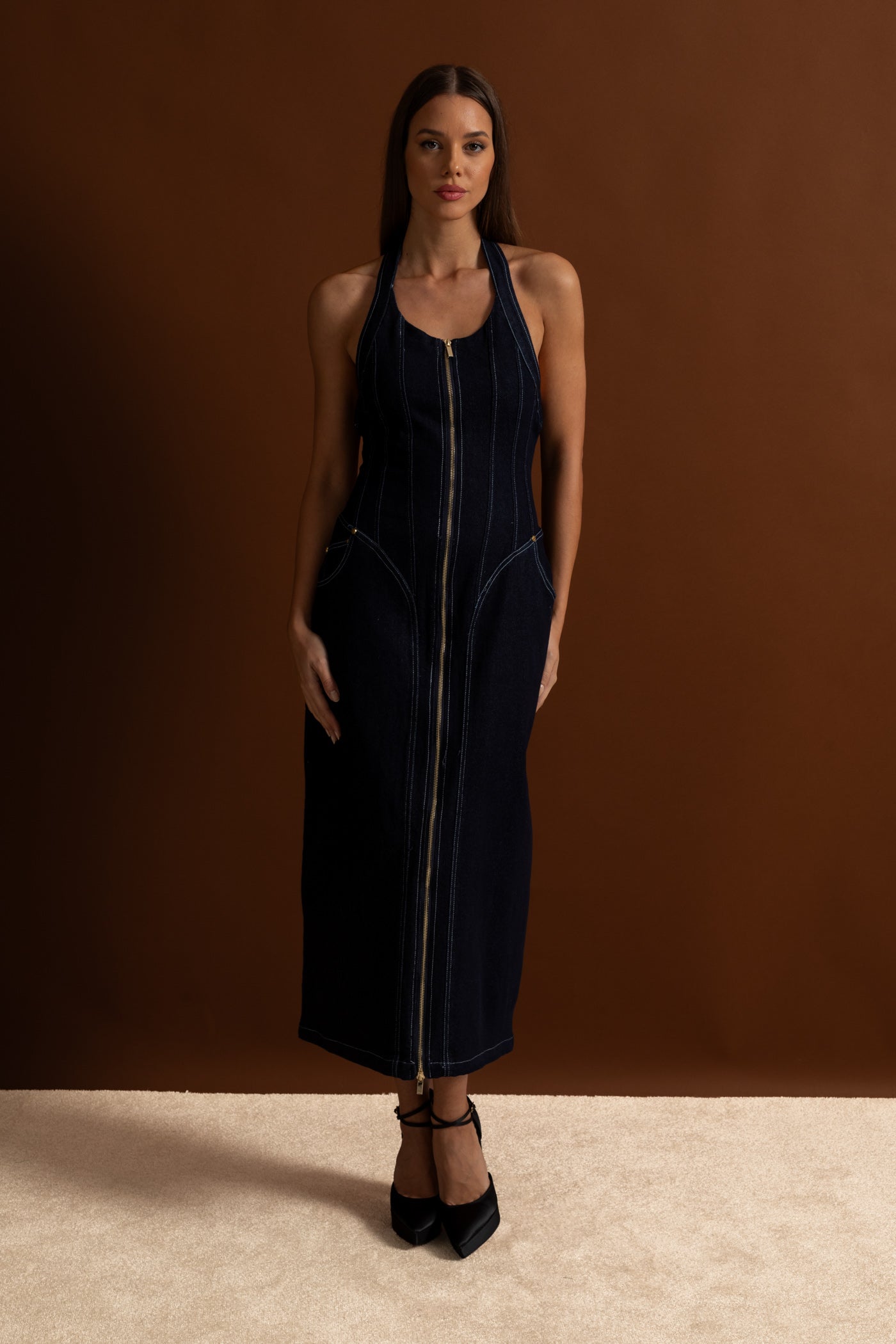 Denim Halter Dress with Front Zip Closure - Dark Indigo